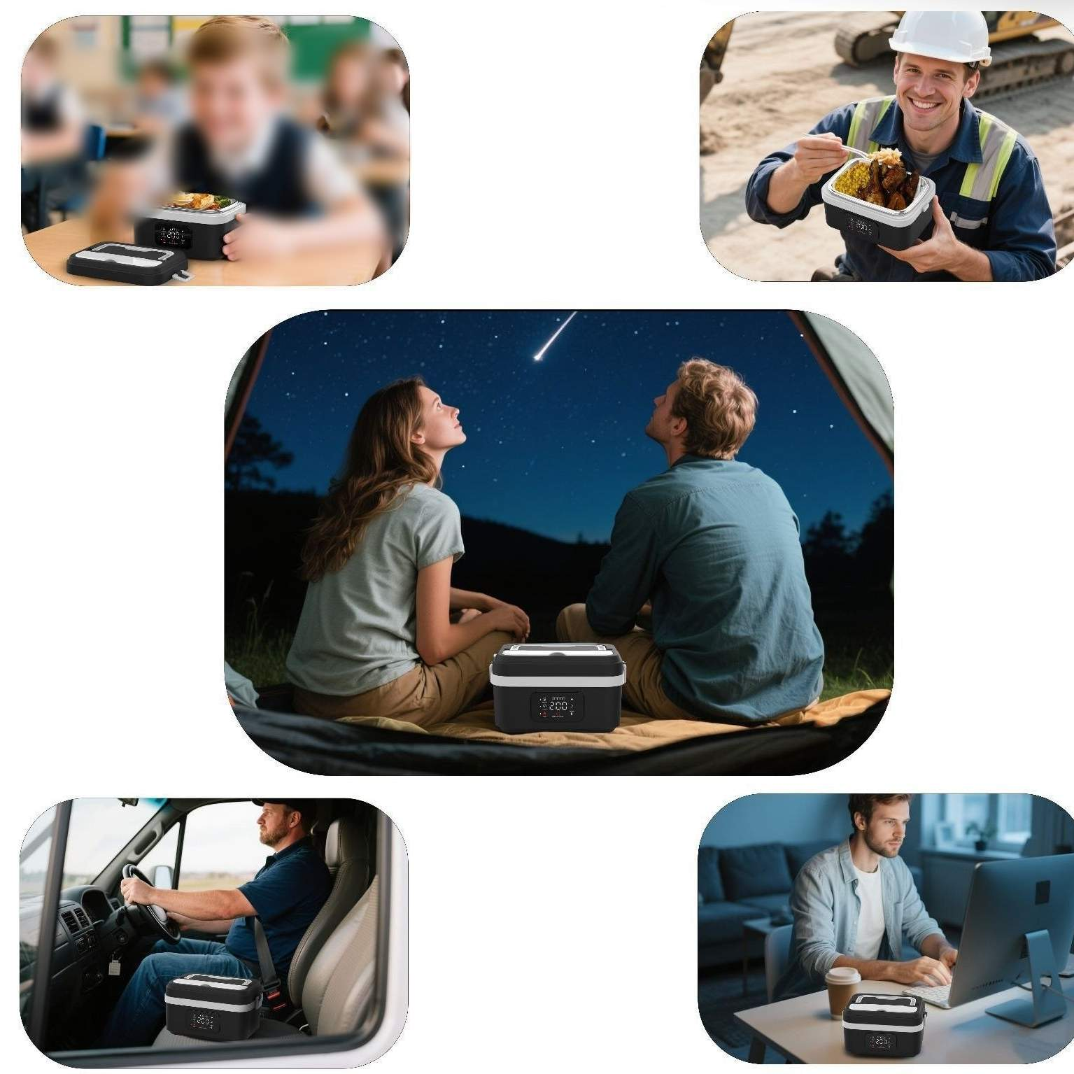 Personen in verschiedenen Umgebungen nutzen eine schwarze Kühlbox. Szenen umfassen Klassenzimmer, Baustelle, Camping, Auto und Homeoffice.