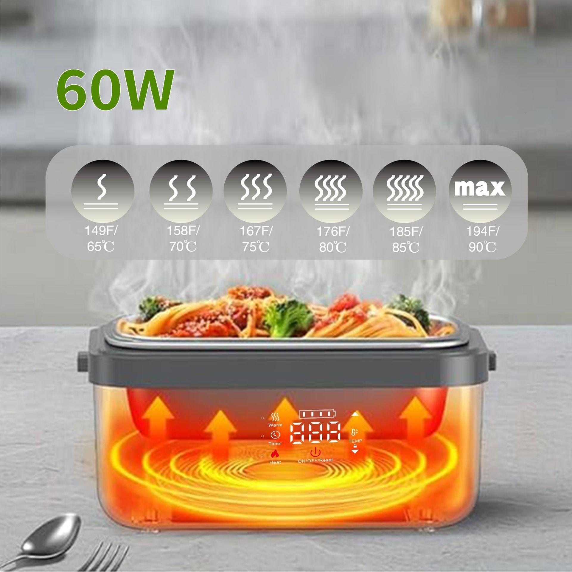 Ein Essenswärmer mit Dampfsymbolen, Temperatureinstellungen und einem Digitaldisplay. Essen ist im Behälter, mit Pfeilen.