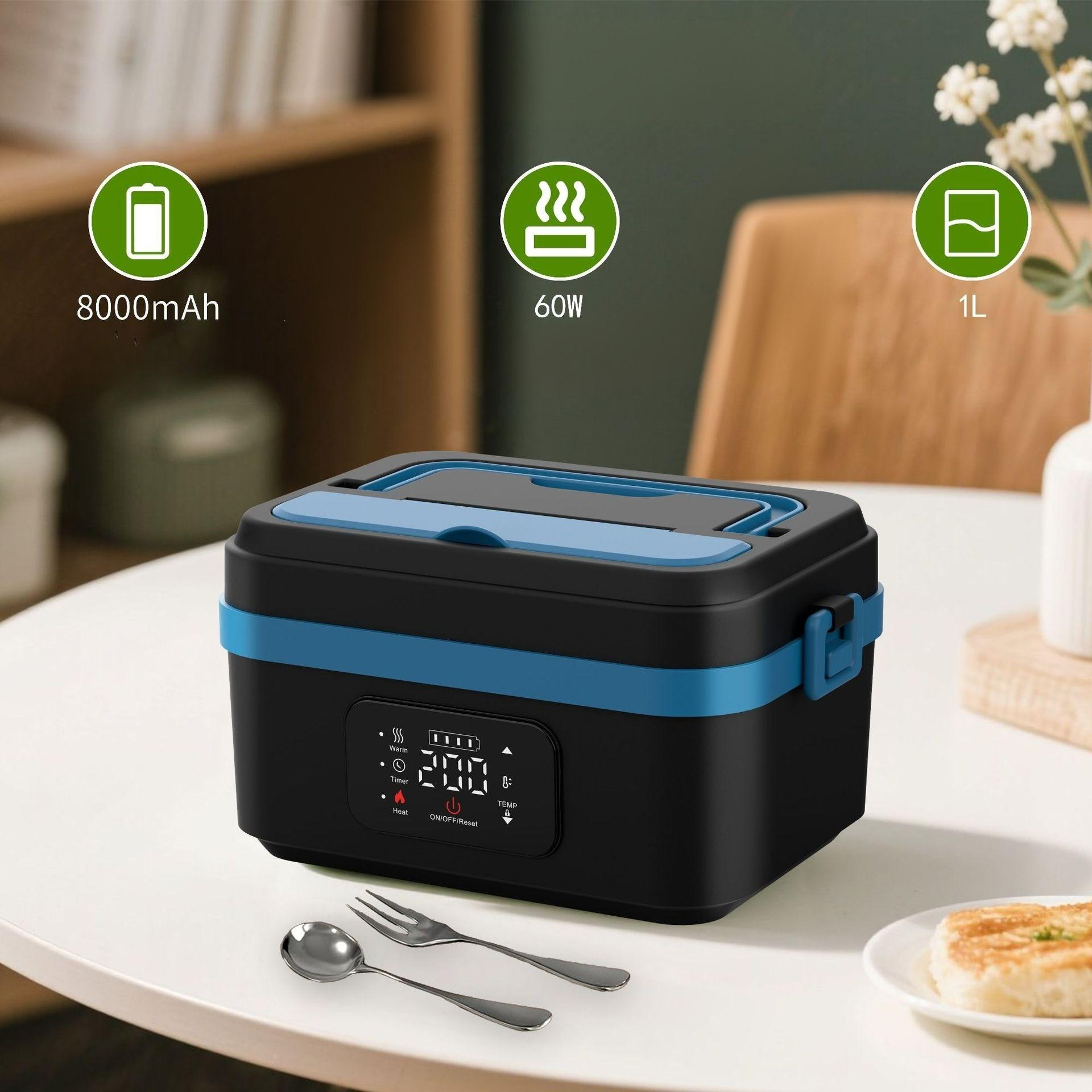 Schwarze und blaue Lunchbox mit digitaler Anzeige. Enthält Löffel, Gabel und einen Teller mit Essen. Symbole für Heizung und Batterie.