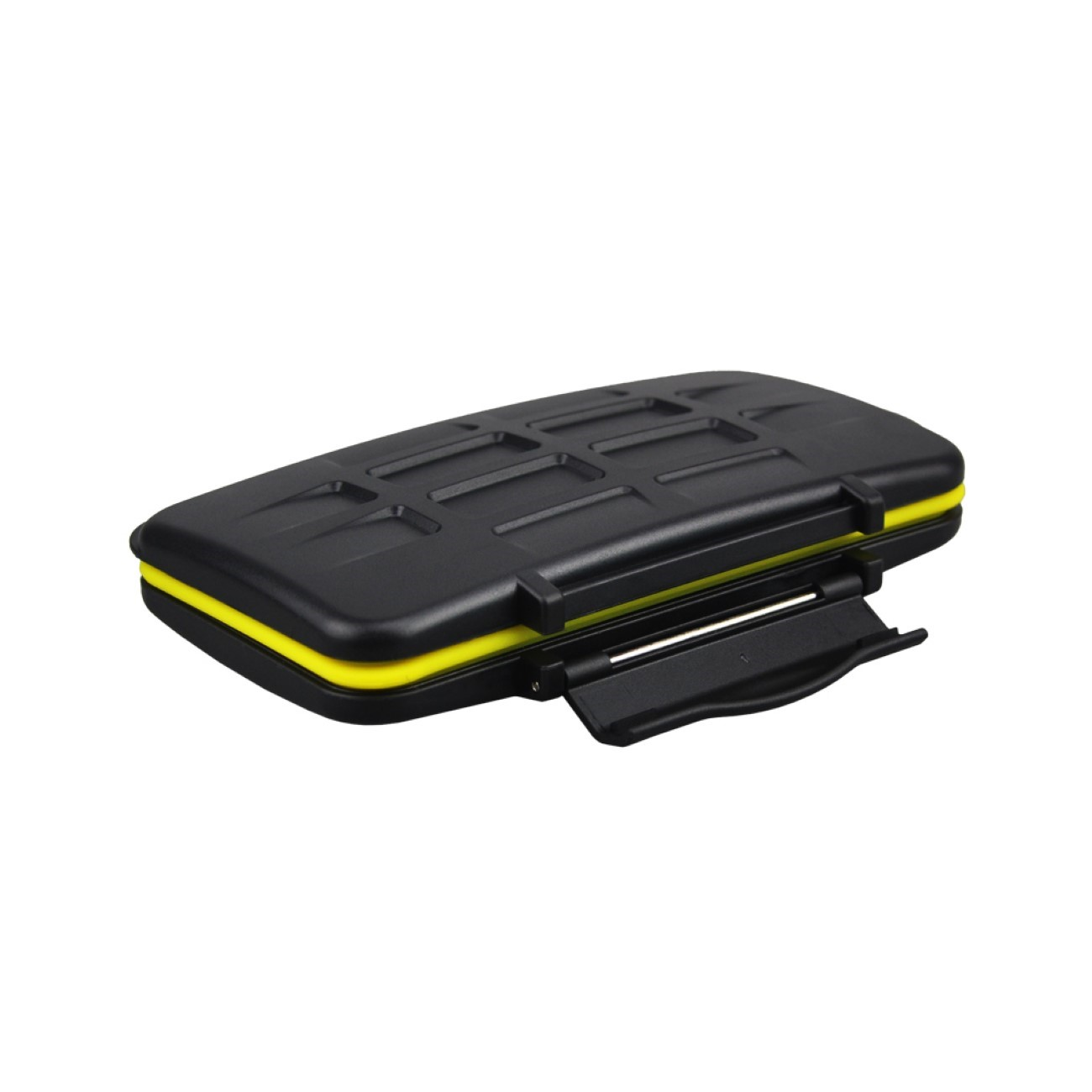 Ein schwarzes Etui mit gelbem Streifen ist geöffnet. Das Etui hat eine strukturierte Oberseite und ein Scharnier auf der rechten Seite.
