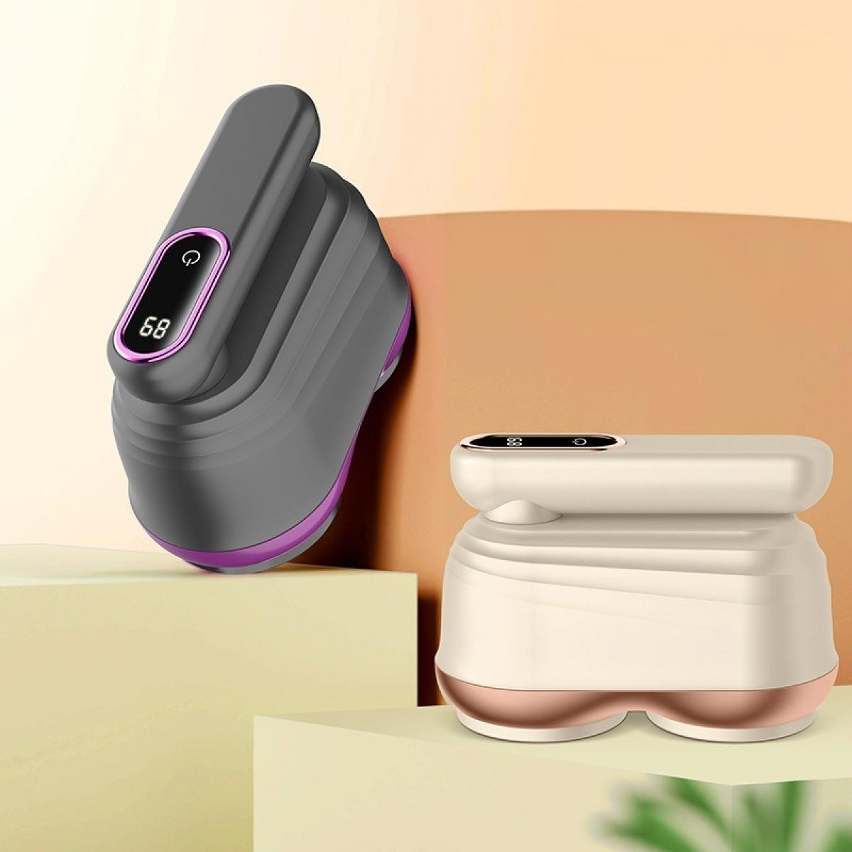 Zwei elektrische Massagegeräte. Eines ist grau und lila, das andere weiß und roségold, auf beigem Hintergrund.