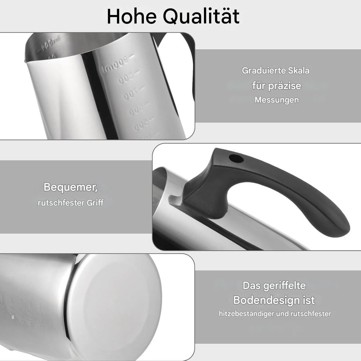 Edelstahl-Messkrug mit schwarzem Griff, Etiketten und Text. Details zeigen eine graduelle Skala, bequemen Griff und strukturierte Basis.