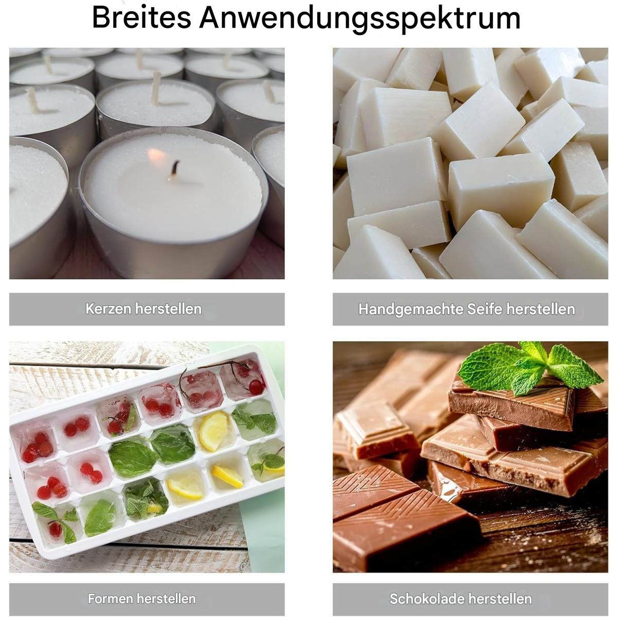 Das Bild zeigt vier Abschnitte: Kerzen, Seifenwürfel, Eiswürfel mit Früchten und Schokolade. Jeder Abschnitt hat einen Titel.