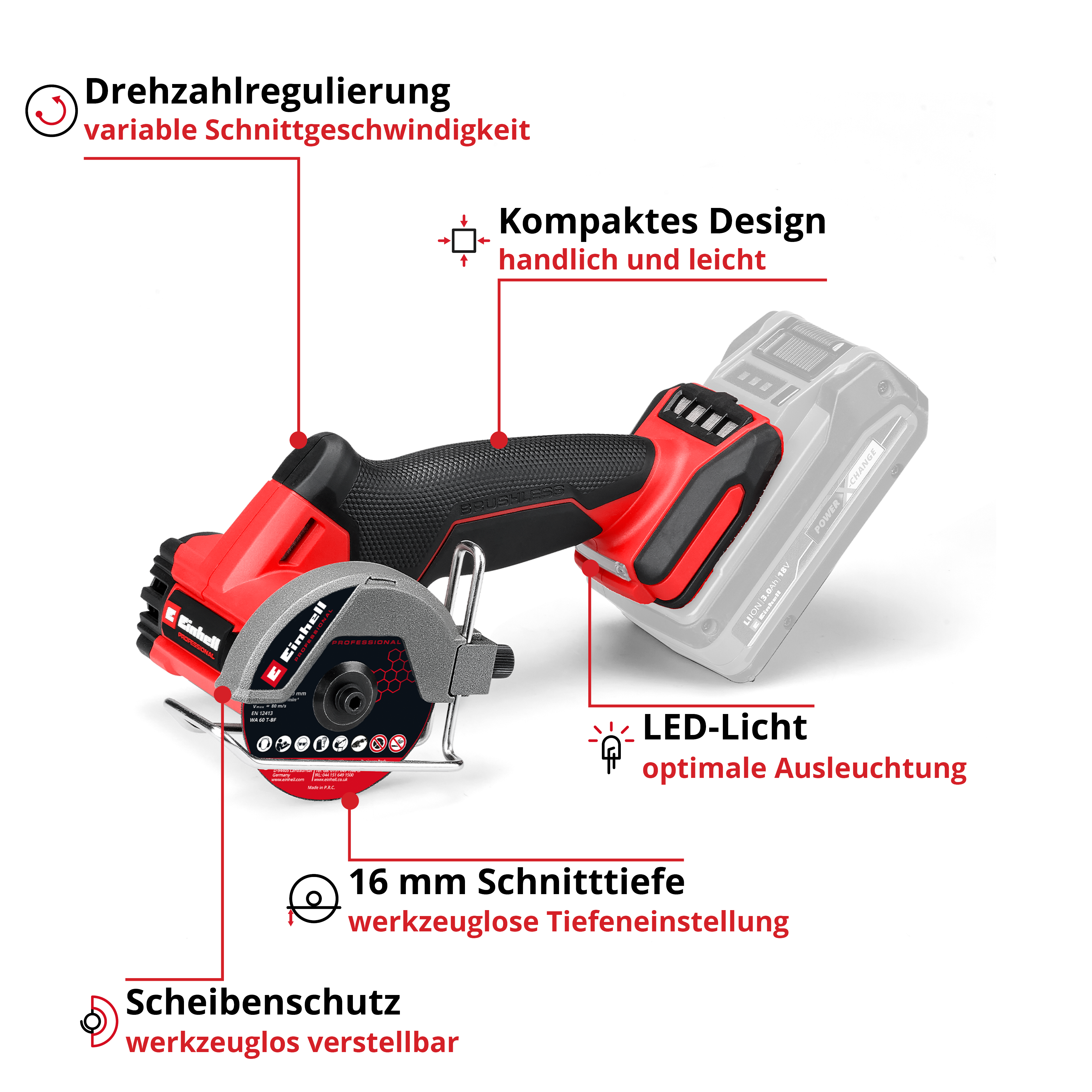 Eine rot-schwarze Akku-Kreissäge mit Akku. Sie hat einen Klingenschutz und LED-Licht.