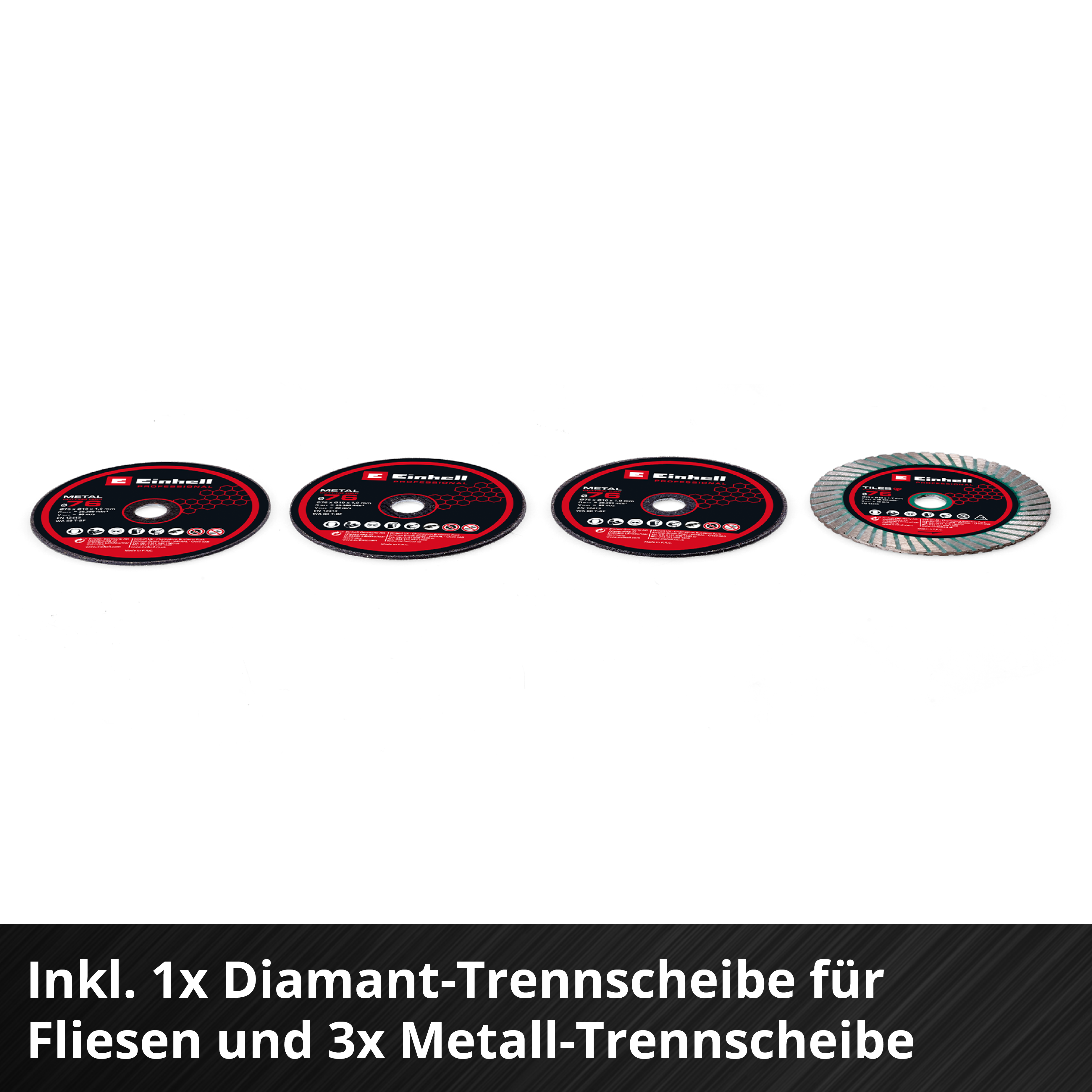 Vier Kreissägeblätter. Drei sind flach und schwarz mit roten Rändern. Eines ist ein geriffelter Metallblatt.