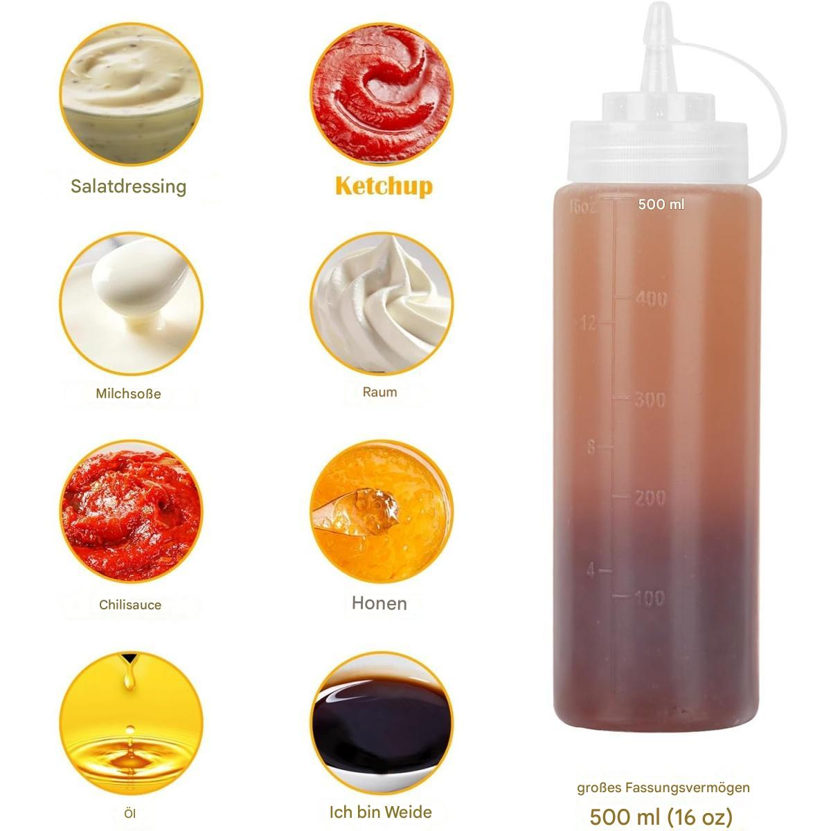 Das Bild zeigt Salatdressing, Ketchup, Sauce, Sahne, Chilisauce, Honig, Öl und eine dunkle Sauce. Rechts ist eine Quetschflasche.