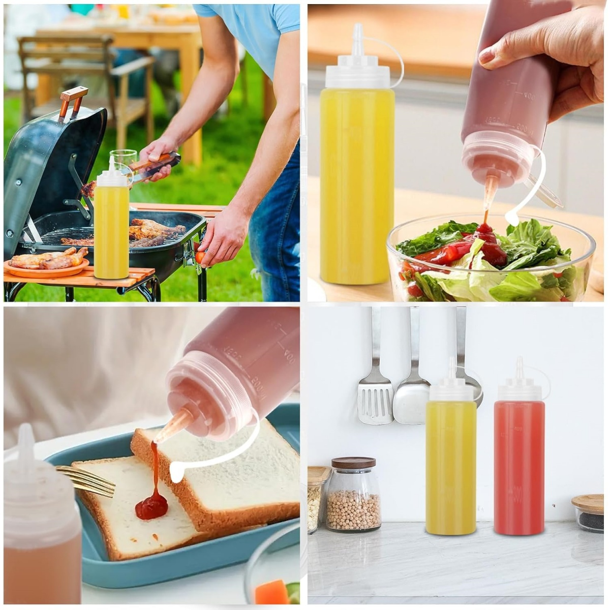 Collage mit Quetschflaschen mit gelber Soße, roter Soße, Person beim Grillen, Soße auf Salat und Toast gießen.