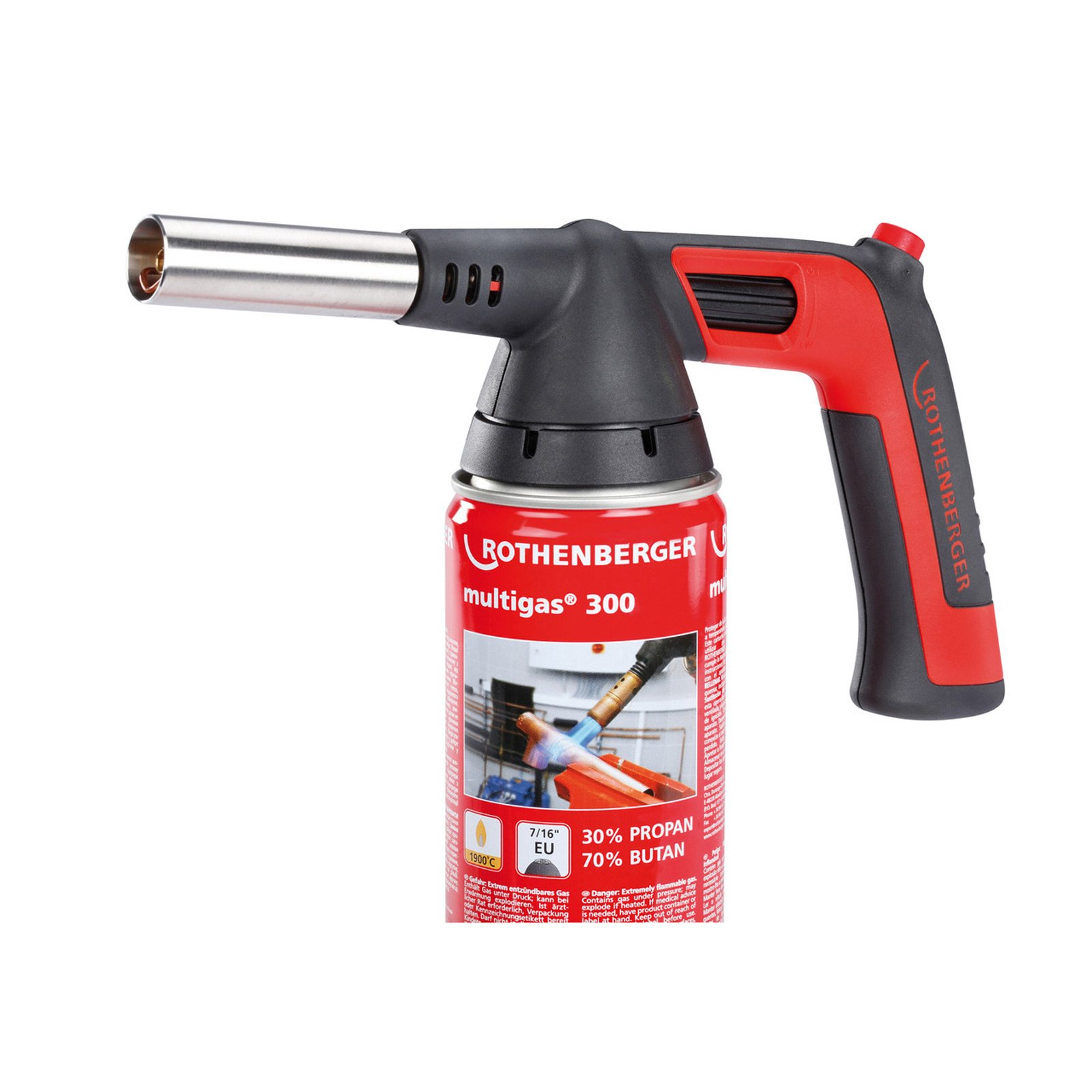 Un cannello Rothenberger multigas 300 rosso e nero. Ha un ugello argentato e un'impugnatura rossa. La bombola è rossa.