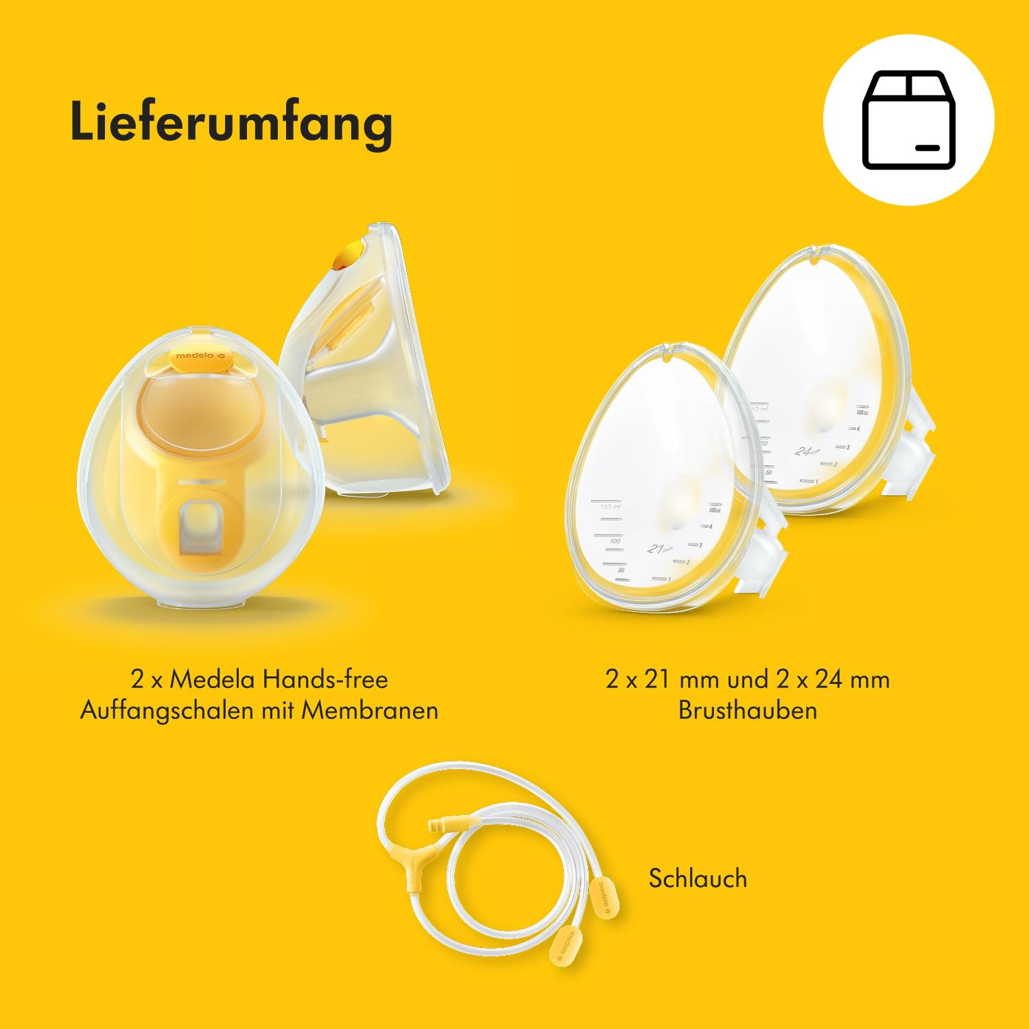 Das Bild zeigt ein Brustpumpenset. Es enthält Freihand-Auffangschalen, Brusthauben und Schläuche, alles vor gelbem Hintergrund.