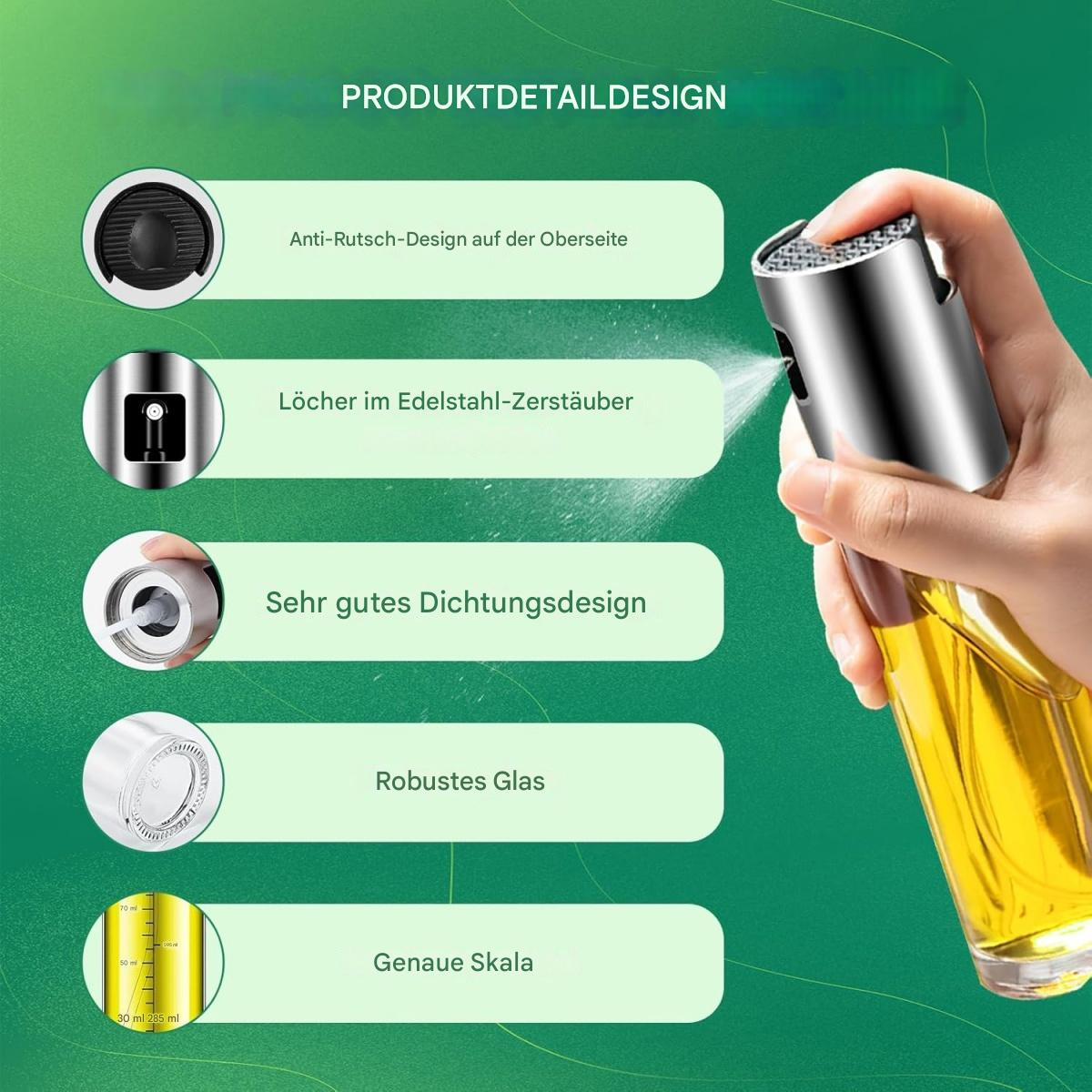 Eine Hand hält einen Ölsprüher. Das Bild zeigt Produktdetails, darunter Anti-Rutsch-Design, Edelstahl und eine Skala.