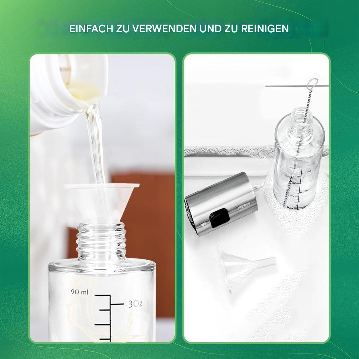 Zweiteiliges Bild. Links: Flüssigkeit mit einem Trichter in eine Flasche gießen. Rechts: Flaschen, Reiniger, Trichter und Bürste.