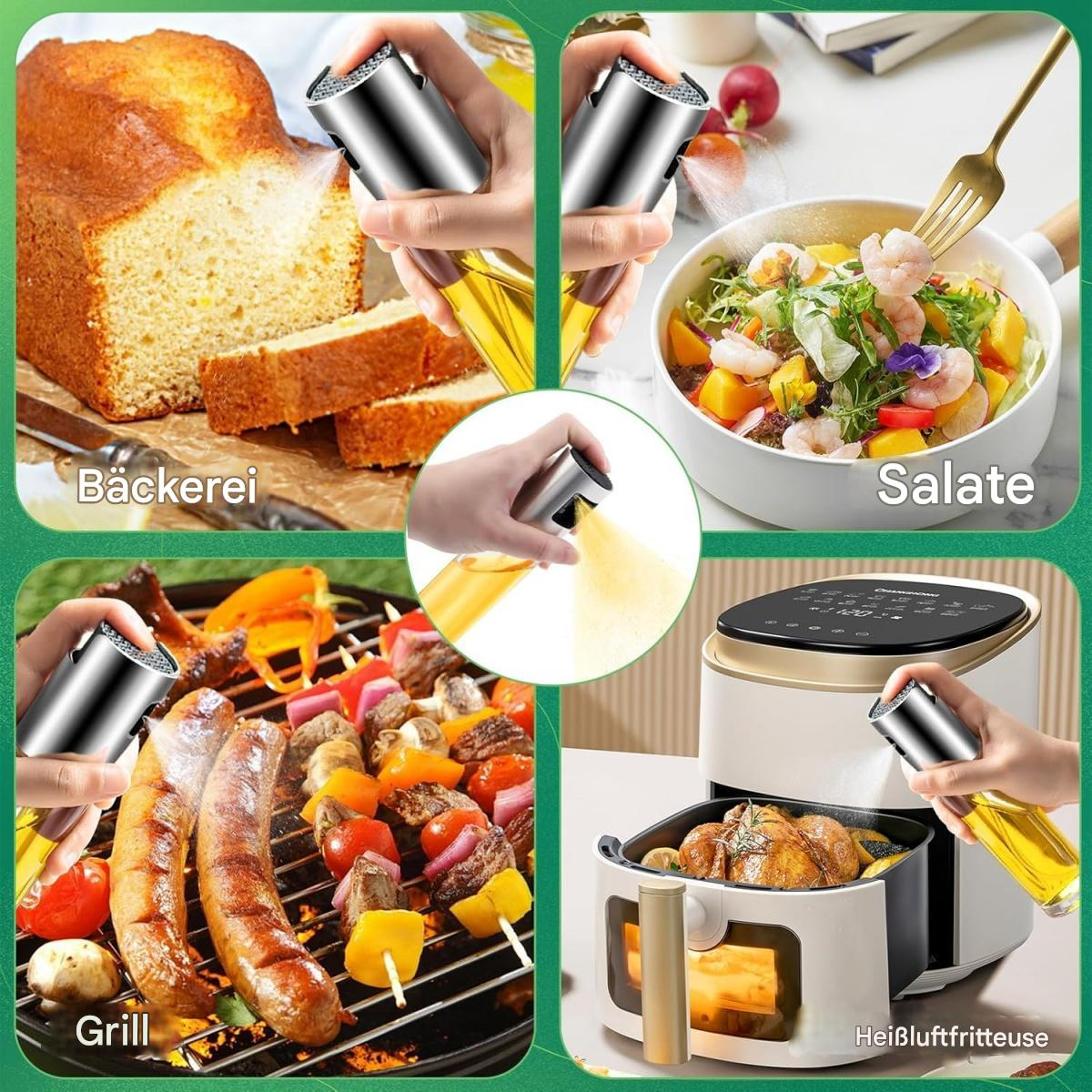 Das Bild zeigt verschiedene Lebensmittel wie Kuchen, Salat, Grillartikel und Brathähnchen, mit Ölsprays.