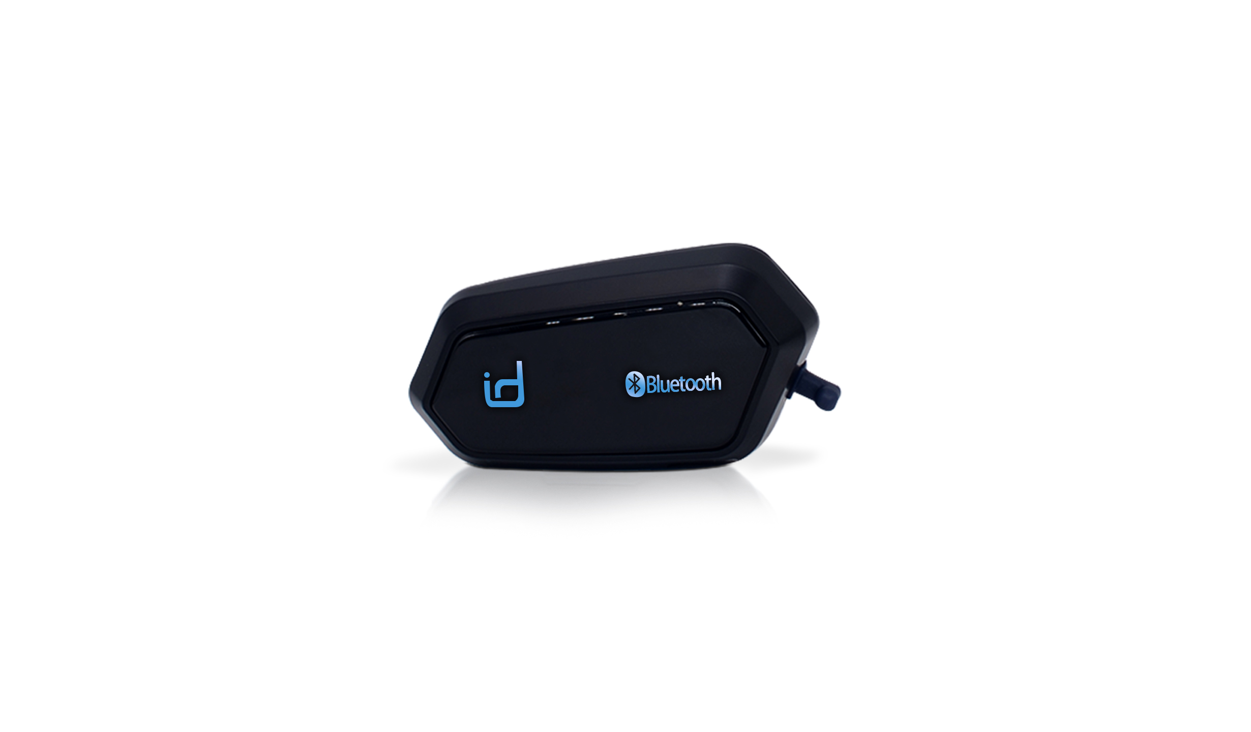 Un dispositivo Bluetooth nero con il logo 'id' e testo Bluetooth su sfondo bianco. Ha un piccolo accessorio blu.