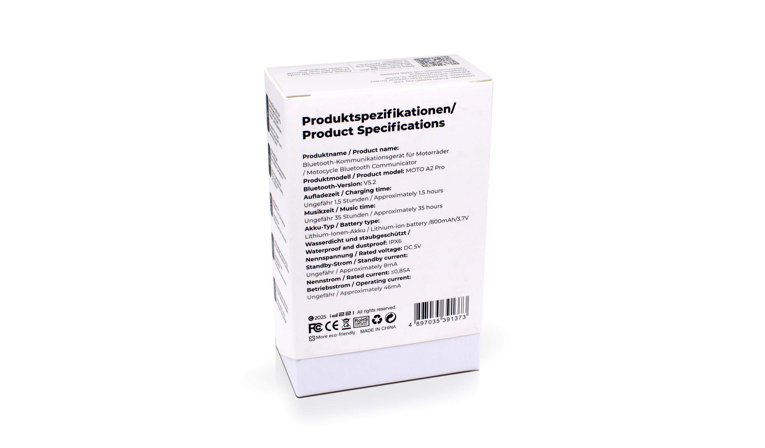Scatola bianca con specifiche prodotto. Il testo include nome, modello, batteria e altri dettagli tecnici.