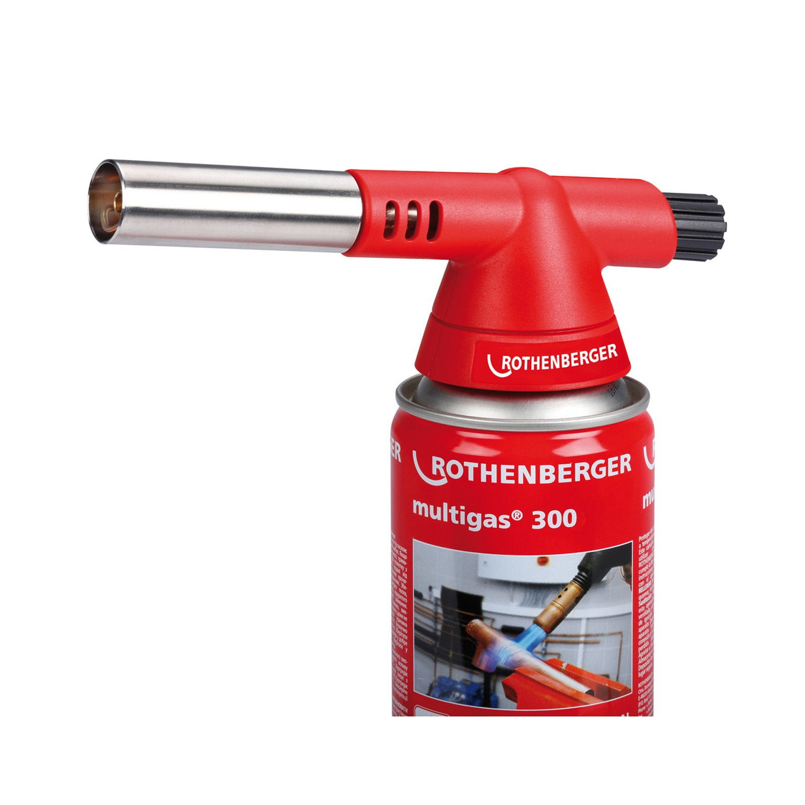 Ein roter und silberner Brenner mit einer Gasflasche. Die Marke ist Rothenberger, Modell Multigas 300.