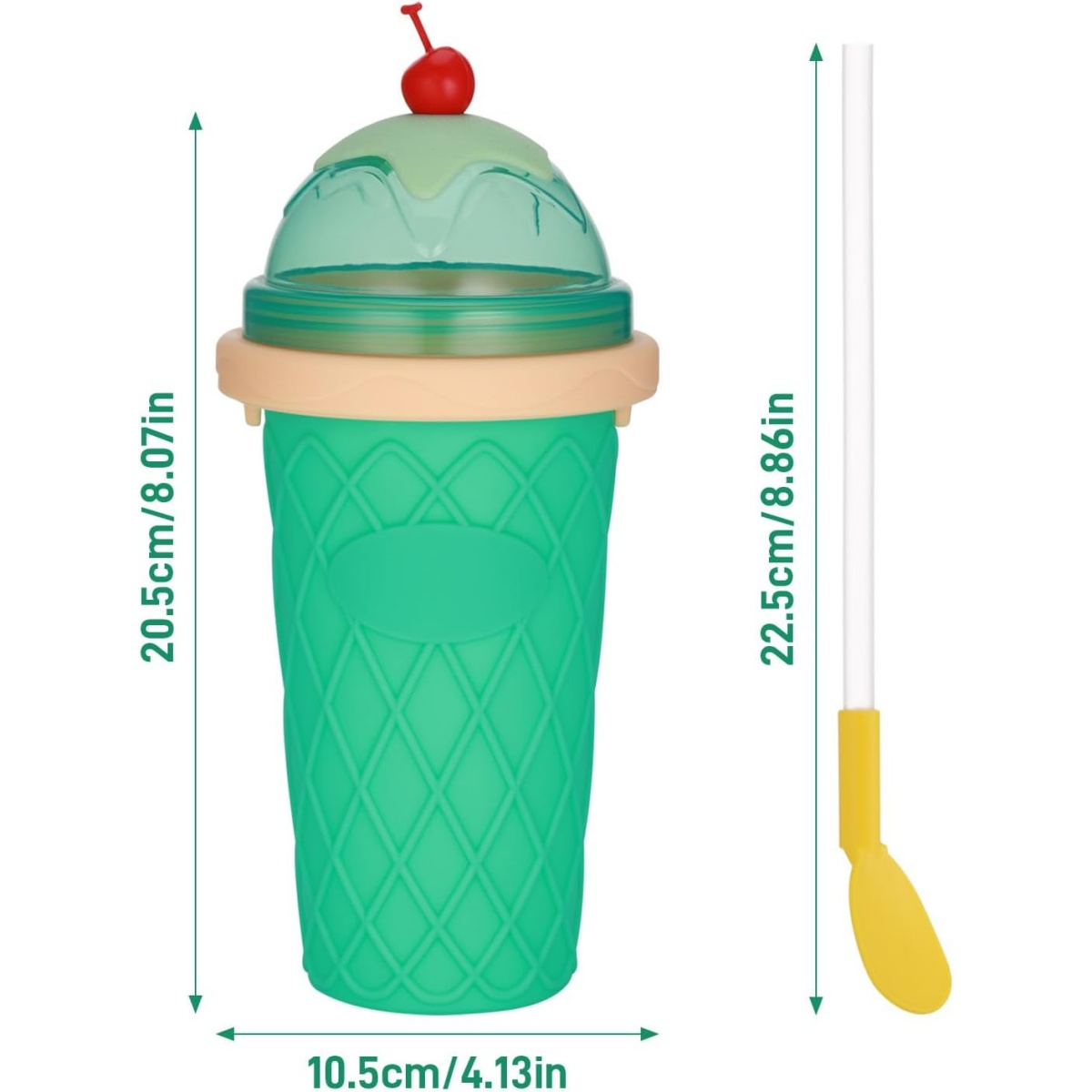 Ein grüner Eisbecher mit Kirsche, cremefarbenem Rand und einem weißen und gelben, löffelartigen Strohhalm. Abmessungen angegeben.