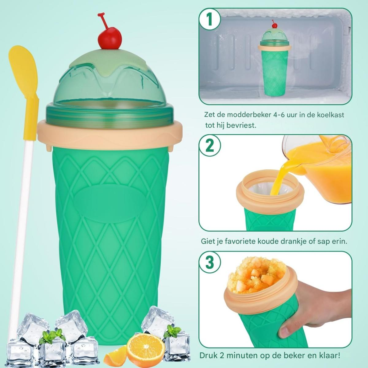 Ein grüner Eisbereiter mit Kirsche, Eiswürfeln und einer halbierten Orange. Anweisungen zeigen Gefrieren, Saft hinzufügen und Drücken.