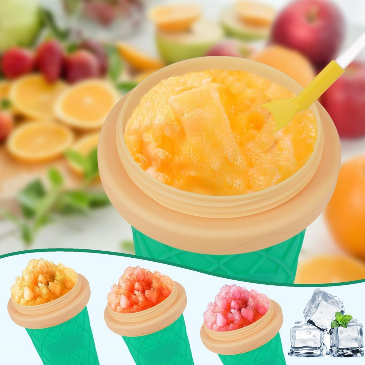 Ein Behälter mit Orangensorbet wird herausgeschöpft. Andere Sorbets und Früchte sind im Hintergrund. Eiswürfel sind daneben.