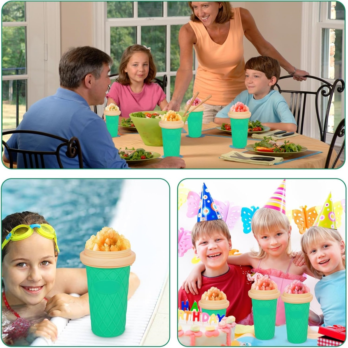 Familie genießt Eis in grünen Bechern. Personen im Esszimmer und Kinder im Pool oder auf einer Geburtstagsfeier sind zu sehen.