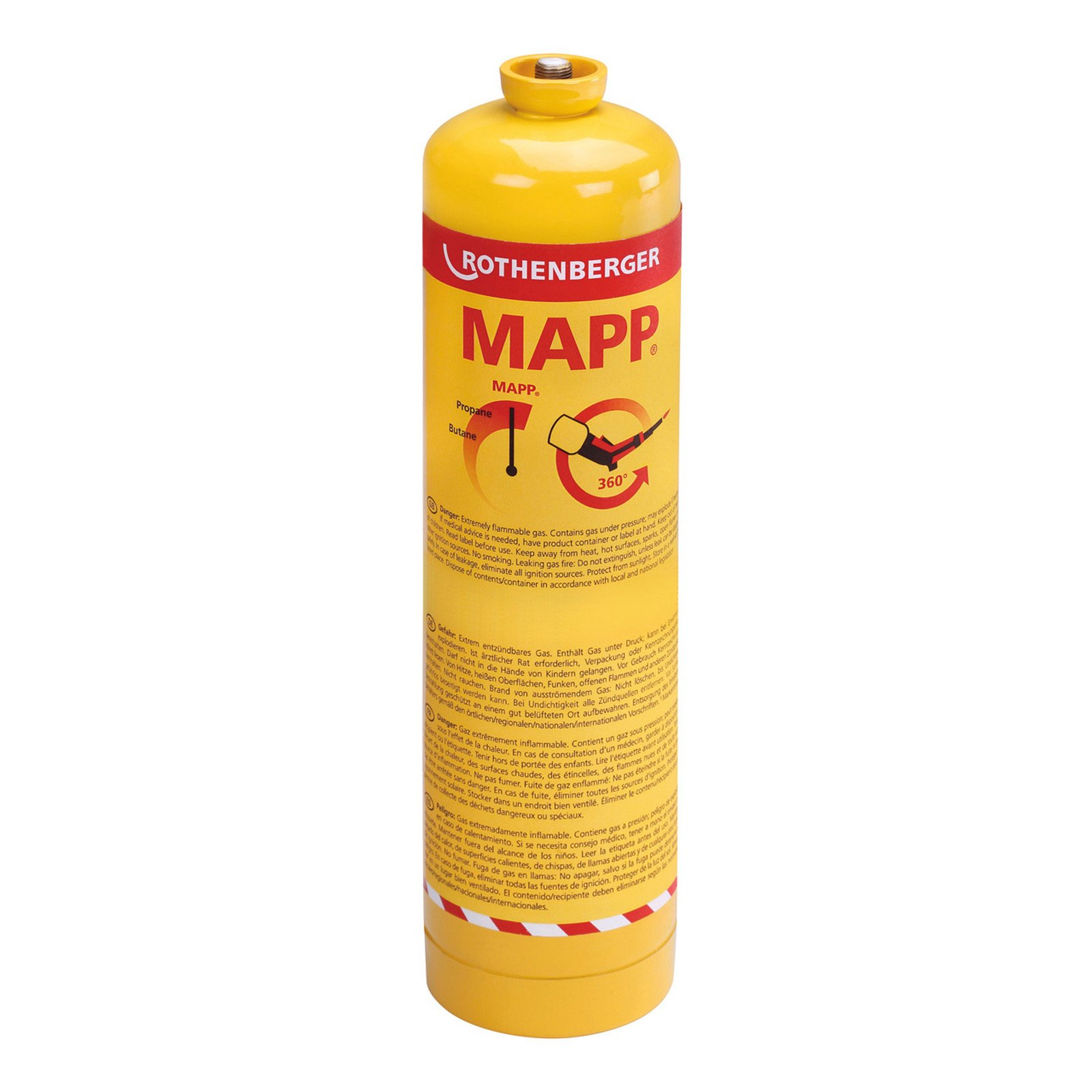 Bombola di gas MAPP gialla con testo. Il marchio è Rothenberger. Sono elencati propano e butano. Simbolo a 360 gradi.