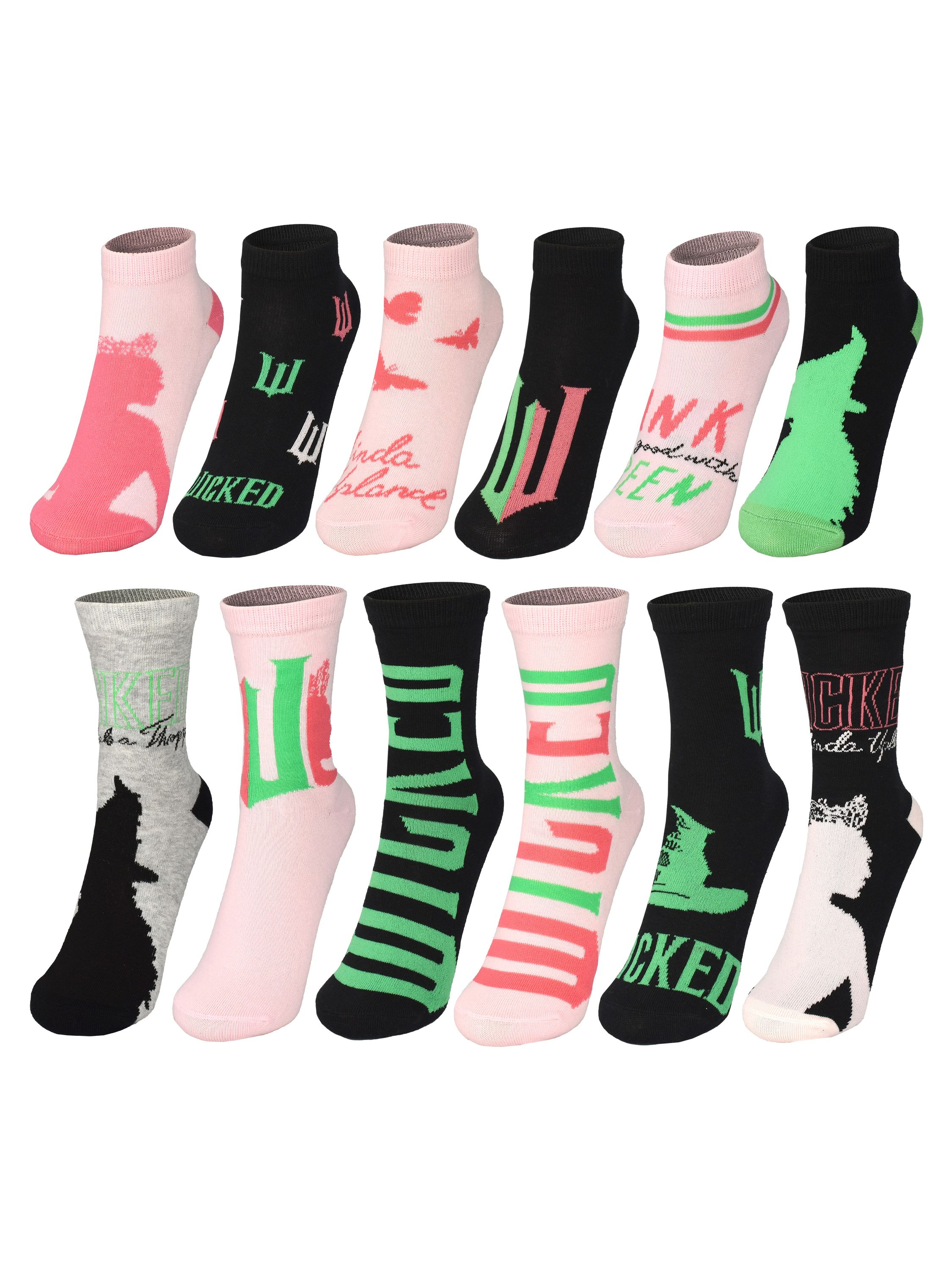 Ein Satz von zwölf Socken mit verschiedenen Designs und Farben, darunter Rosa, Schwarz und Grün, mit Text und Mustern.