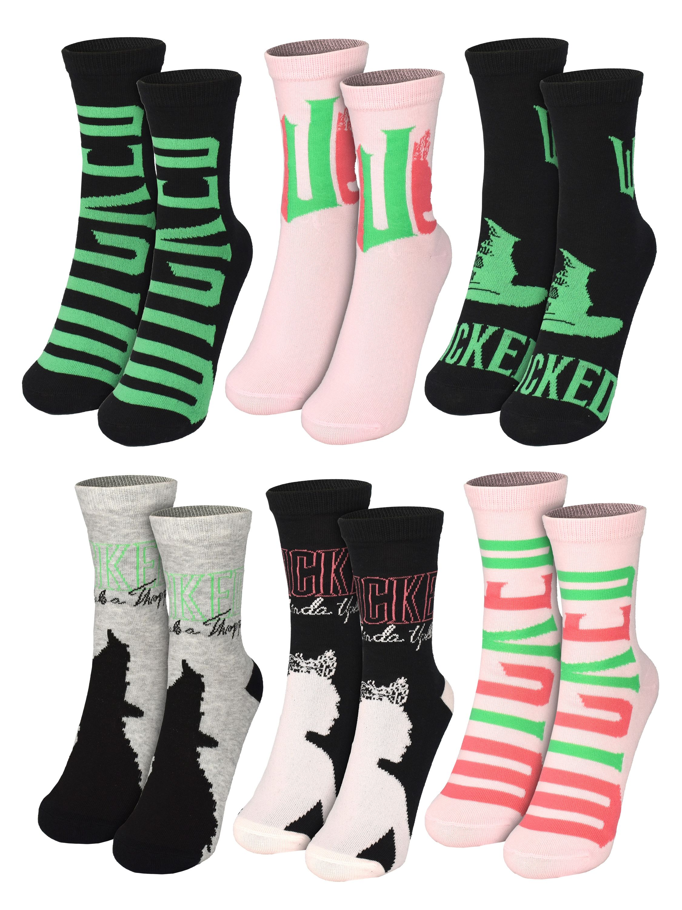 Sortiment von Socken in verschiedenen Farben und Designs. Einige haben Streifen, andere Wörter und einige Silhouettenmuster.