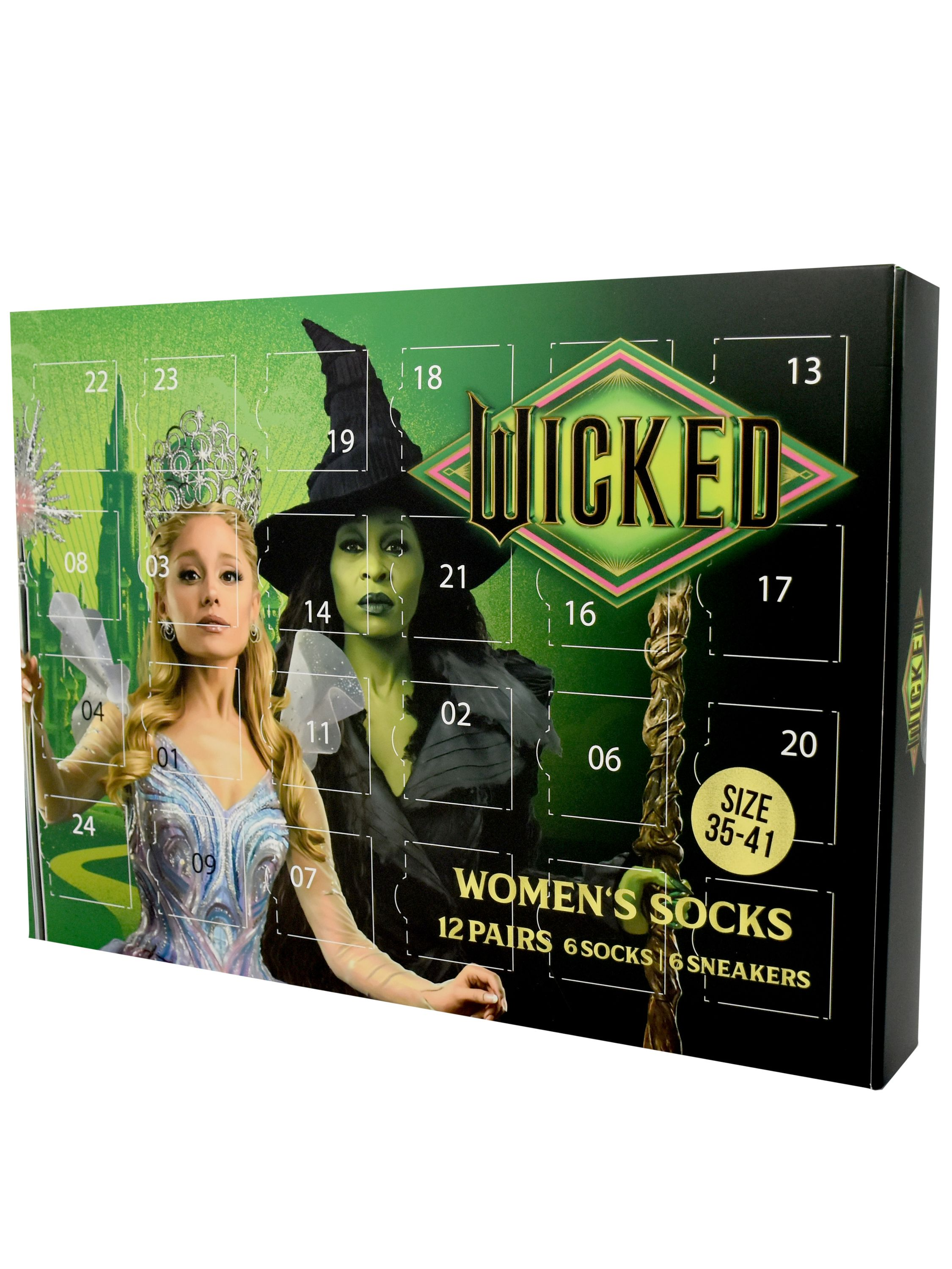 Adventskalenderbox für 'Wicked'-Socken. Zeigt zwei Schauspielerinnen, Zahlen und Produktdetails.
