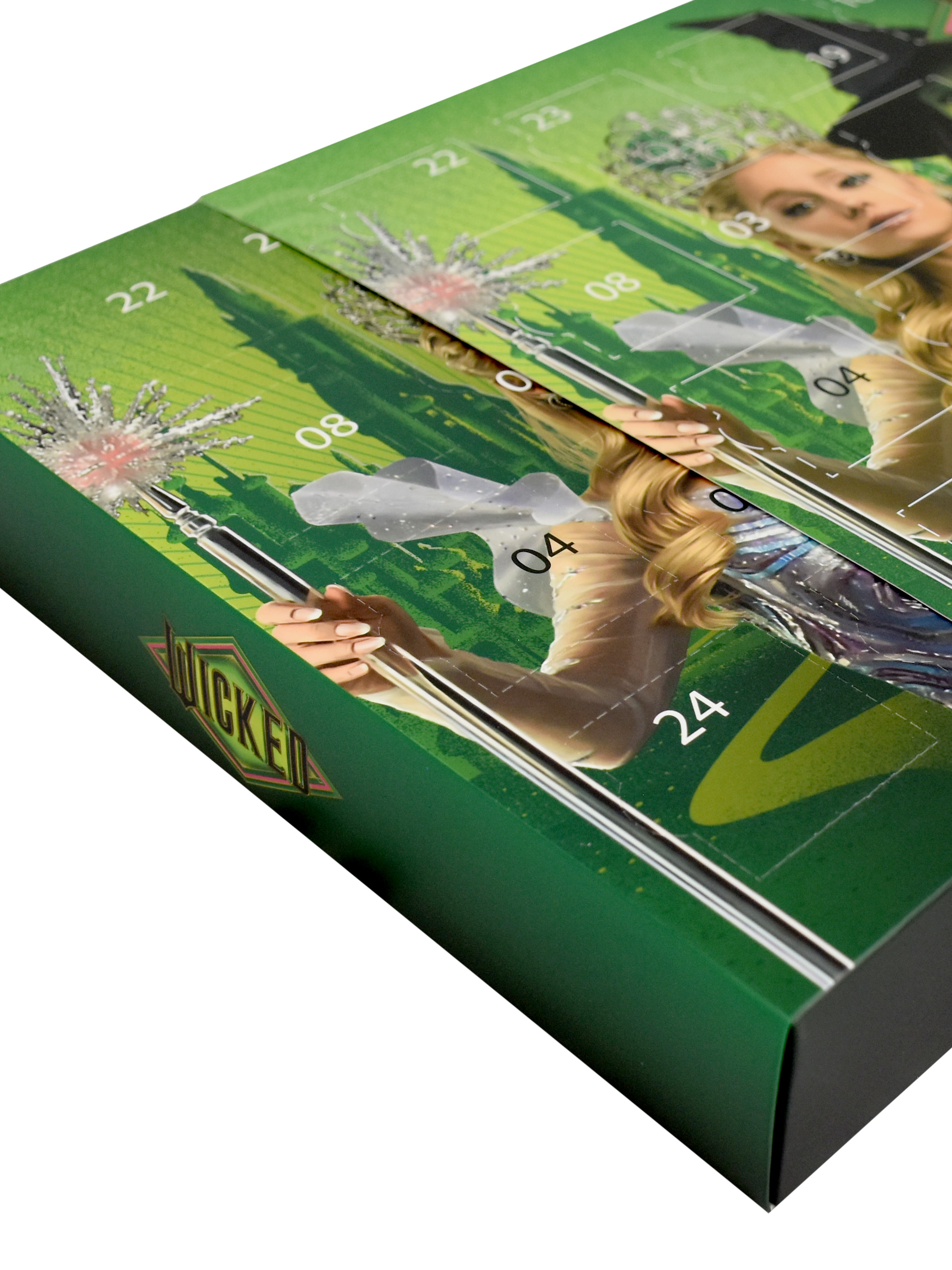 Ein Adventskalender mit dem Thema Wicked. Er hat einen grünen Hintergrund mit Charakteren und Zahlen.