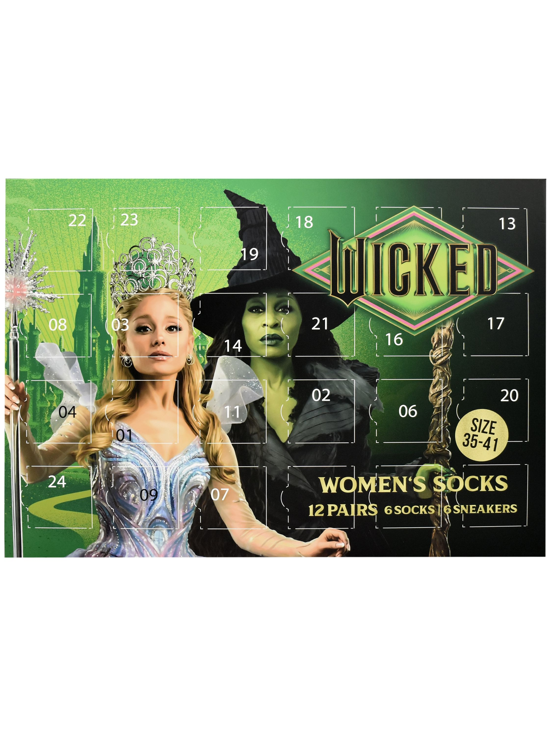 Werbung für Damensocken mit zwei Wicked-Figuren, grünem Hintergrund und dem Wicked-Logo.