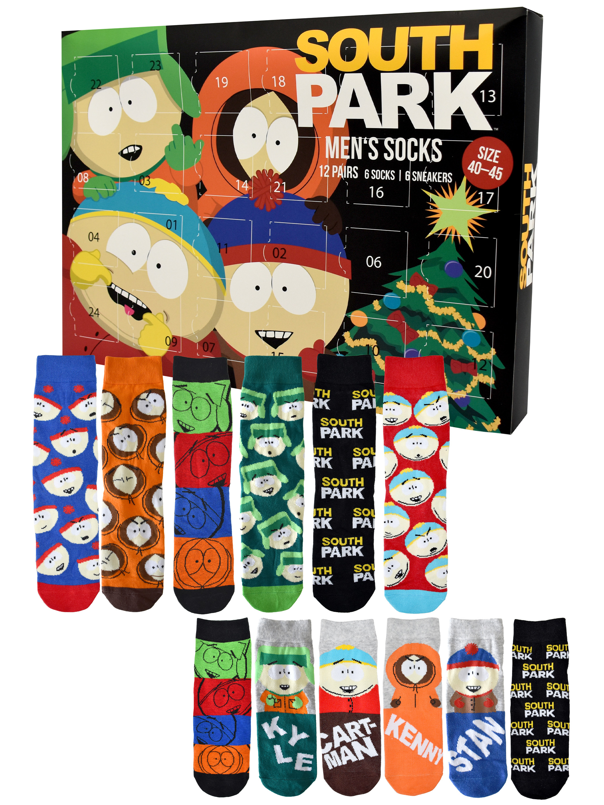 Ein Adventskalenderkarton mit South Park-Charakteren. Unten Socken mit South Park-Charakteren. Farben: Blau, Orange, Grün, Schwarz und Rot.