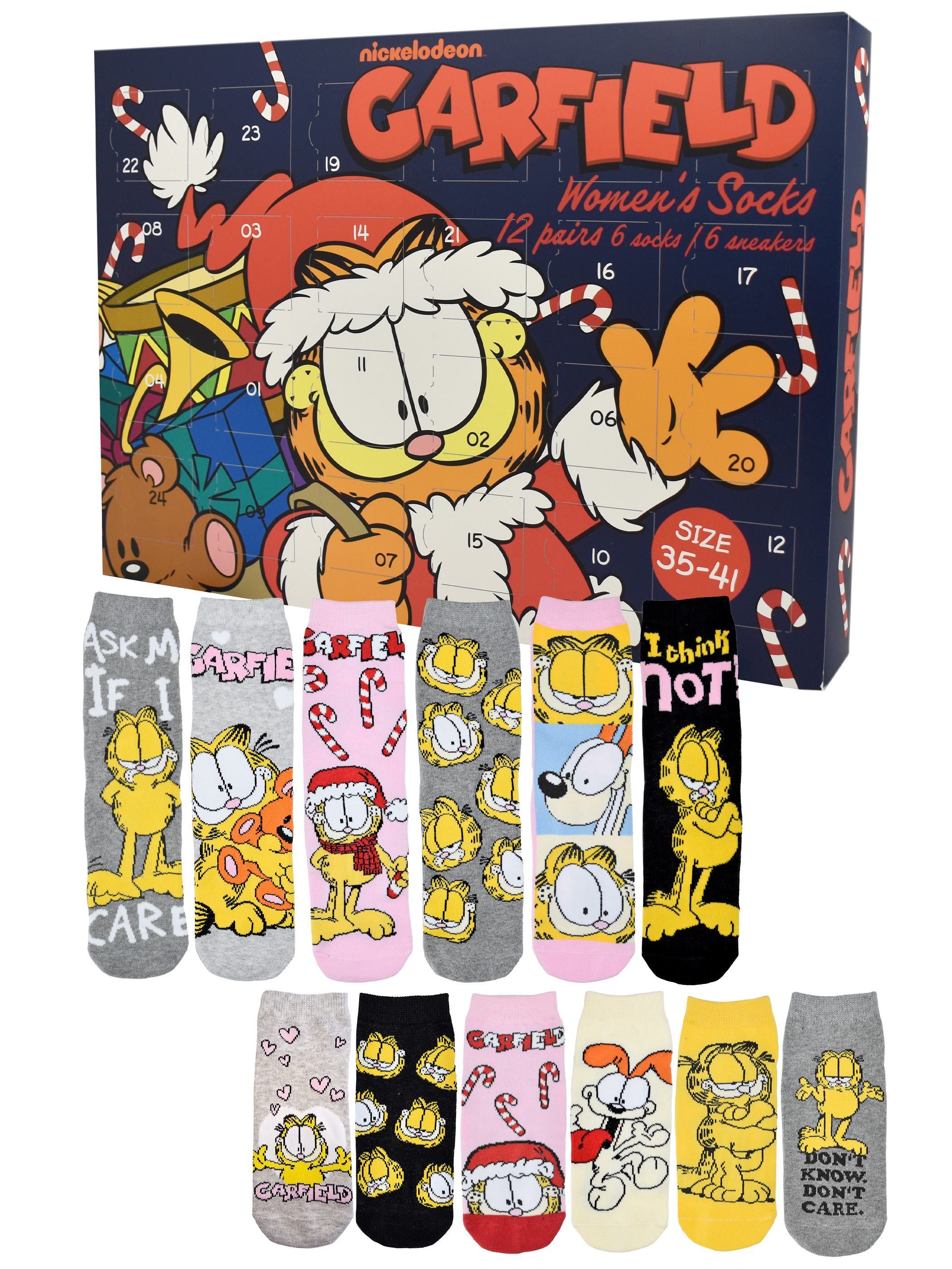 Garfield-Socken-Adventskalender. Box mit Garfield-Illustration und Zahlen. Socken mit verschiedenen Garfield-Designs.
