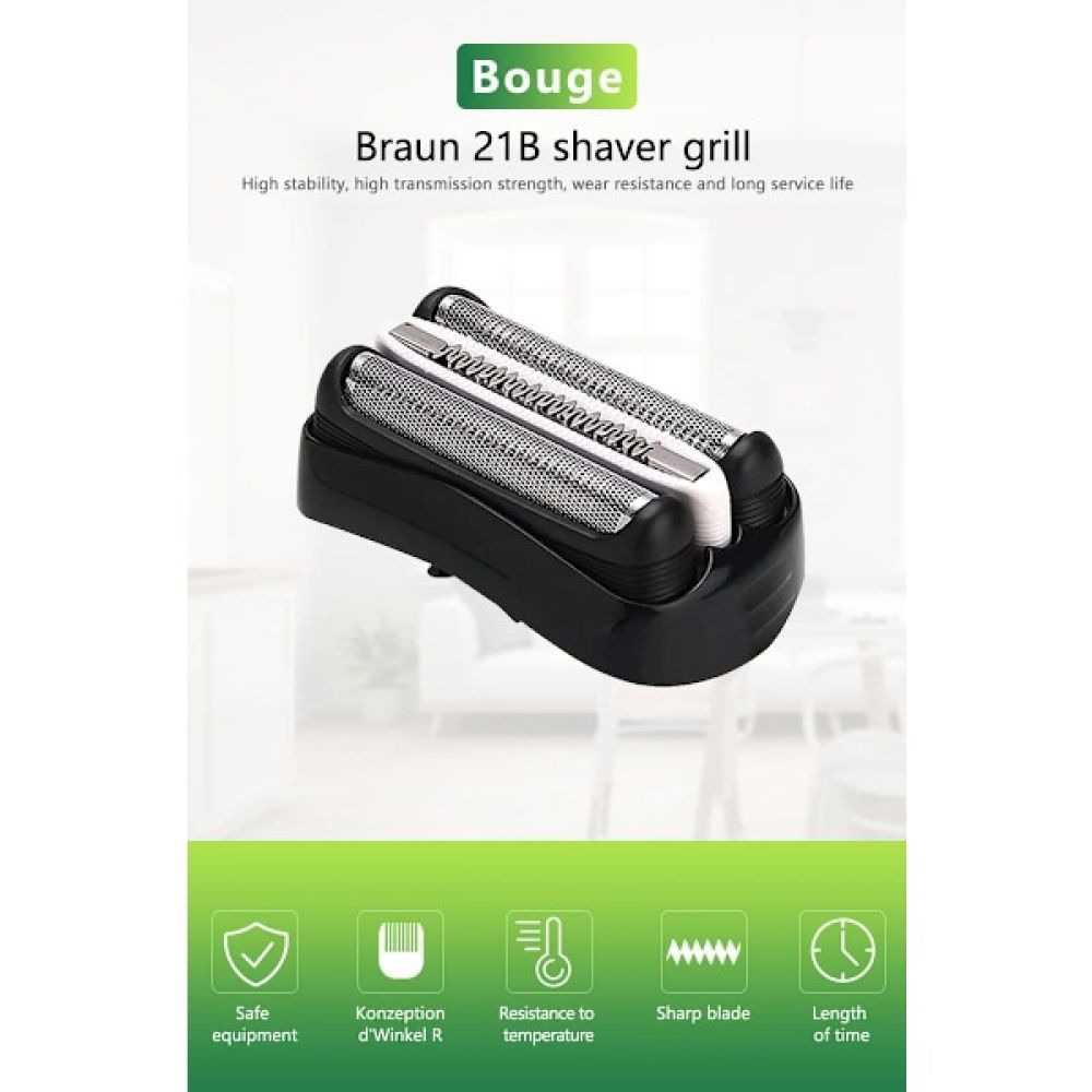 Ein Braun 21B Rasierer-Grill wird angezeigt, mit Text über seine Eigenschaften. Darunter sind Symbole für sichere Ausrüstung und Zeit.