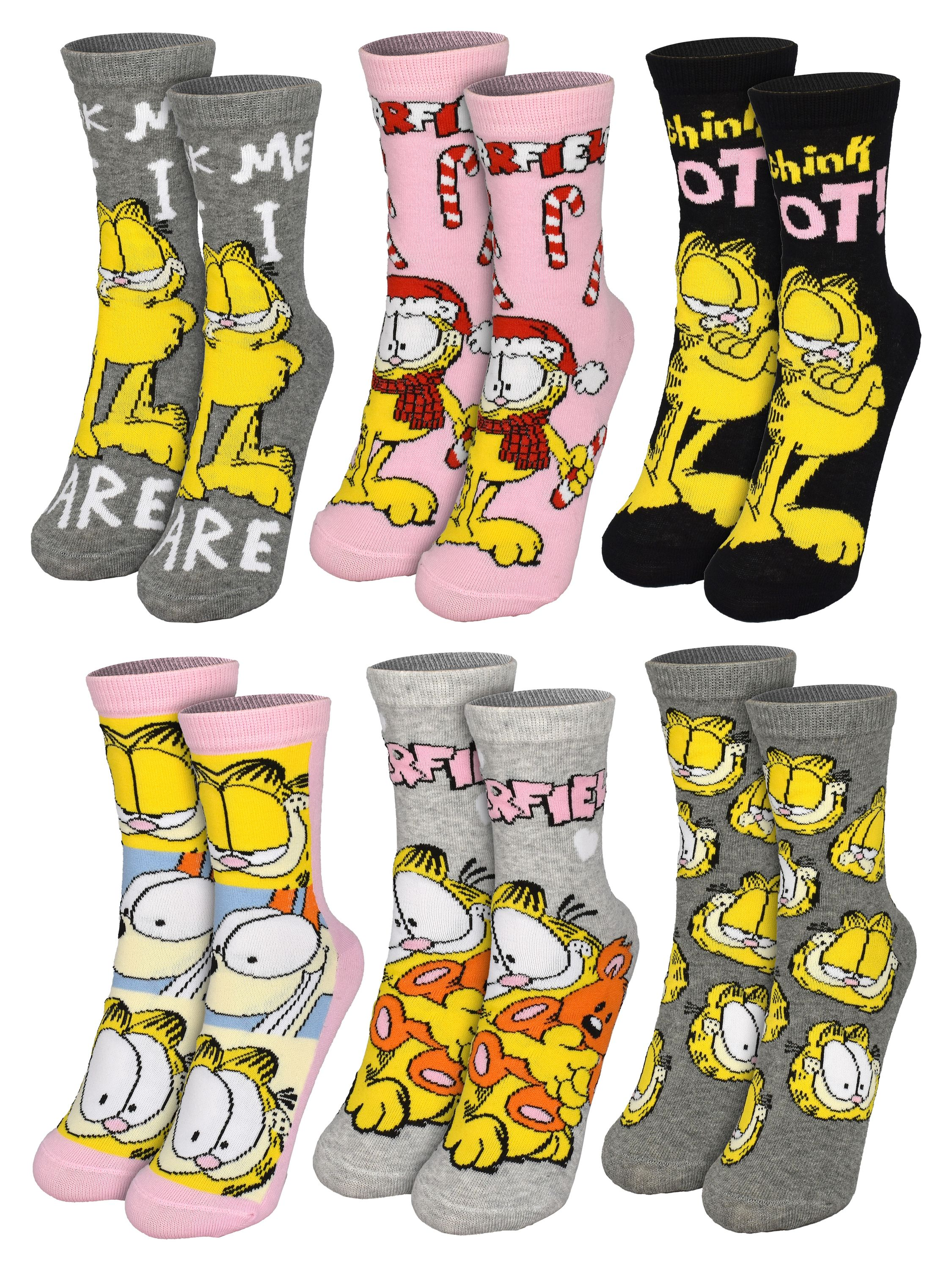Verschiedene Socken mit Garfield-Designs. Einige sind grau, rosa und schwarz. Garfield trägt einen Hut, hält Zuckerstangen oder hat eine Denkblase.