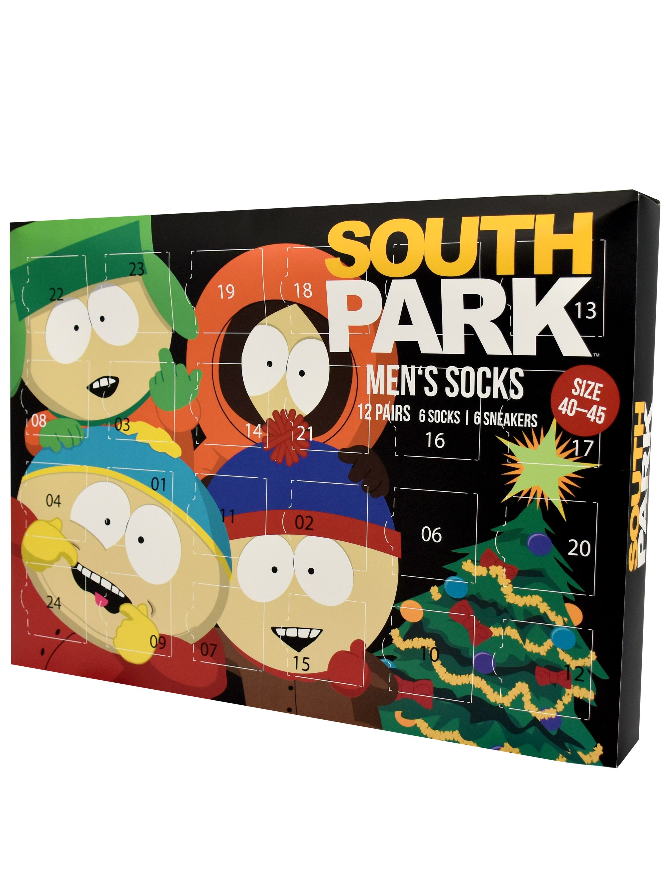 South Park Adventskalenderbox mit Cartoonfiguren und Weihnachtsbaum. Enthält Socken und Sneakers. Größe 40-45.
