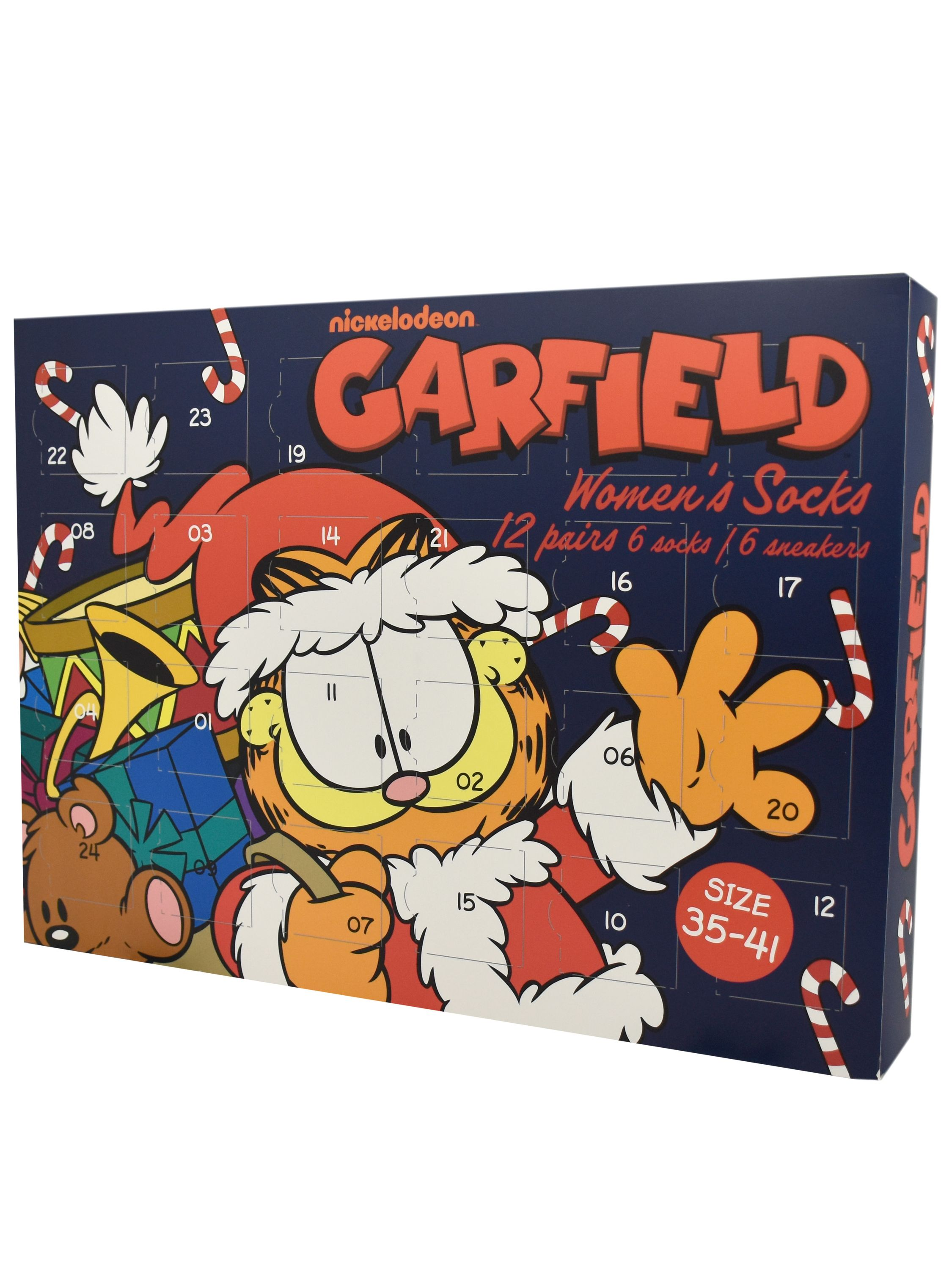 Garfield Adventskalenderbox. Garfield im Weihnachtsmann-Anzug. Enthält Damensocken, Größe 35-41. Dunkelblauer Hintergrund.