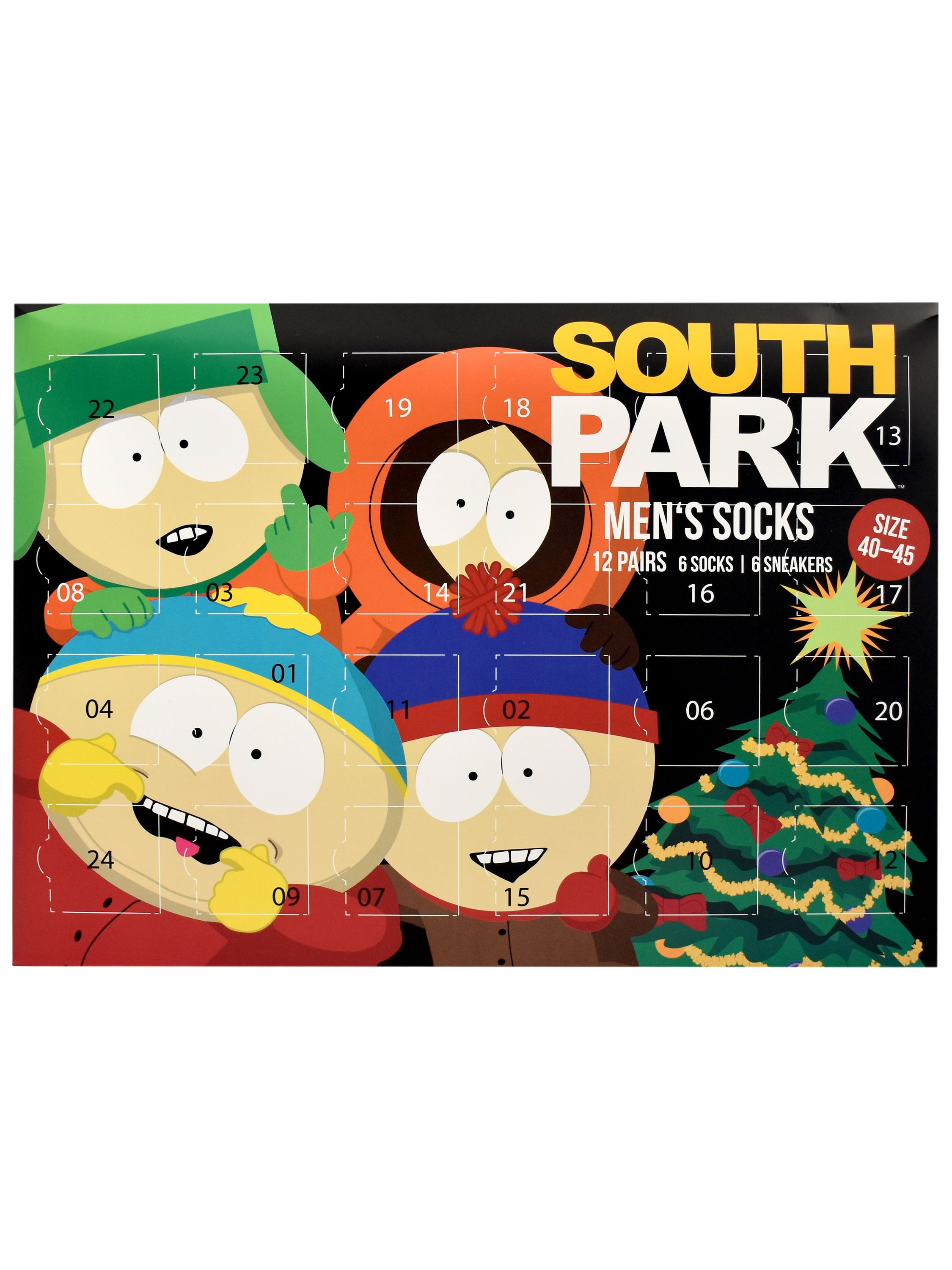 Ein South Park Adventskalender mit den Charakteren und Text. Enthält einen Weihnachtsbaum und Größenangaben für Herrensocken.