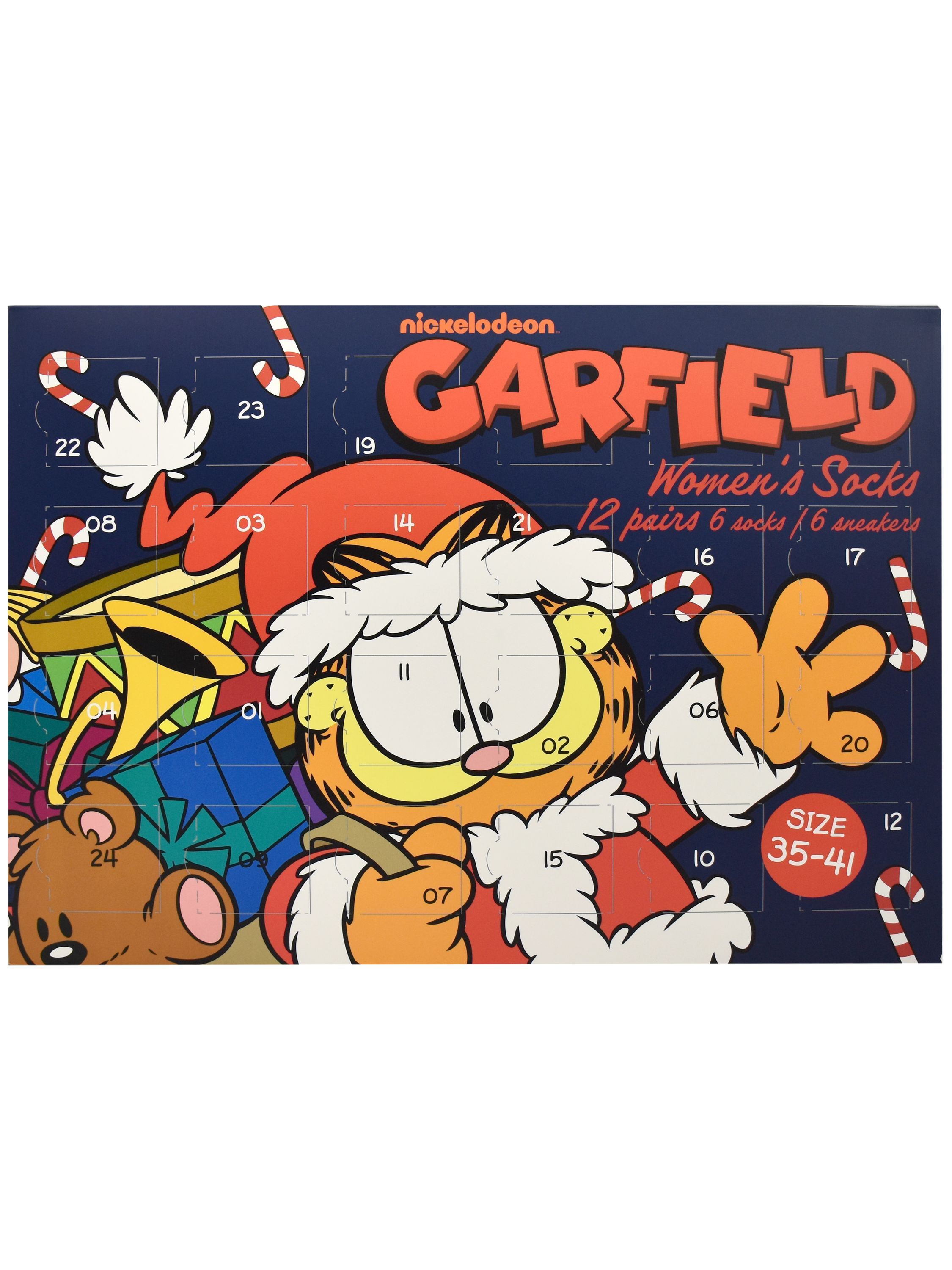 Garfield-Adventskalender. Oranger Garfield mit rotem Outfit. Zuckerstangen. Zahlen. Damensocken.