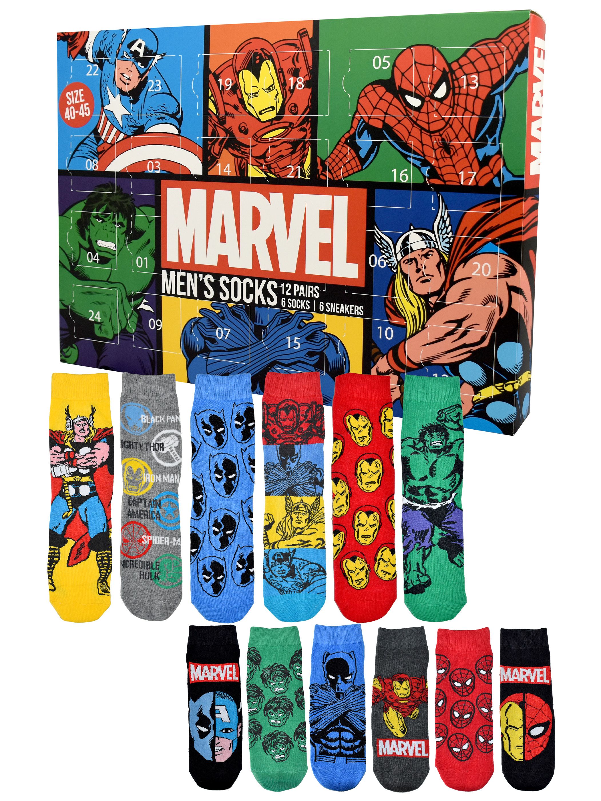 Marvel Adventskalender mit Socken. Enthält Captain America, Iron Man, Spider-Man und Hulk. Enthält 12 Paar Socken.