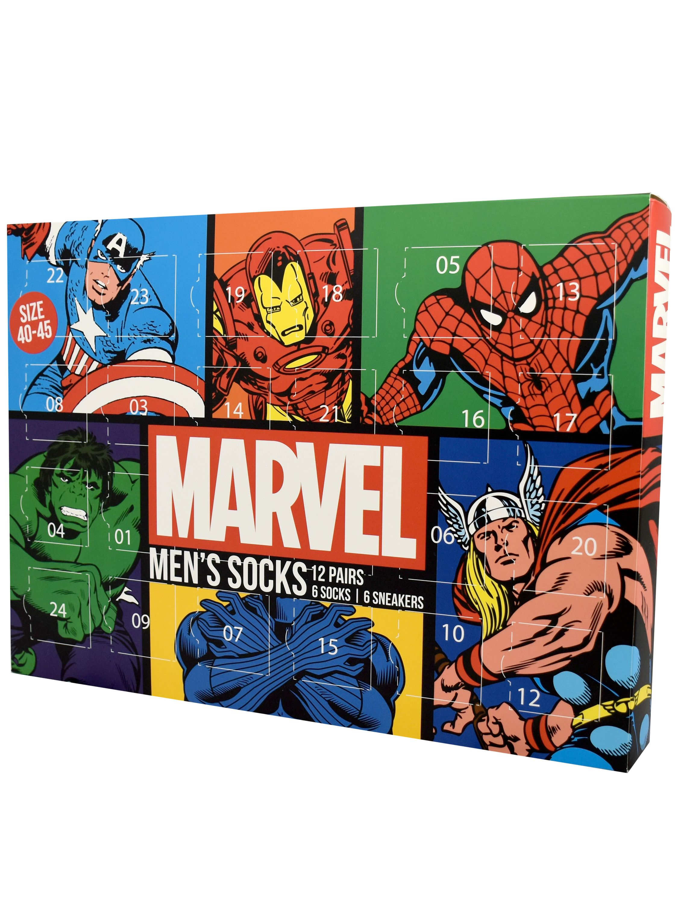 Marvel Adventskalender mit Superhelden-Illustrationen. Er hat ein rotes Marvel-Logo und Icons von Charakteren wie Captain America und Thor.