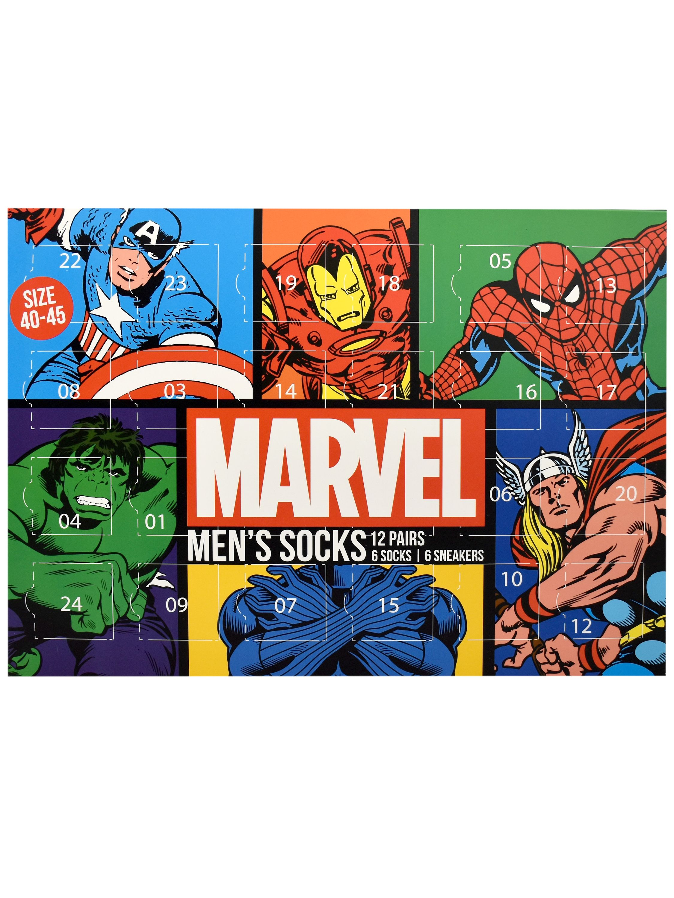 Marvel-Herrensockenbox mit Captain America, Iron Man, Spider-Man, Hulk, Black Panther und Thor.