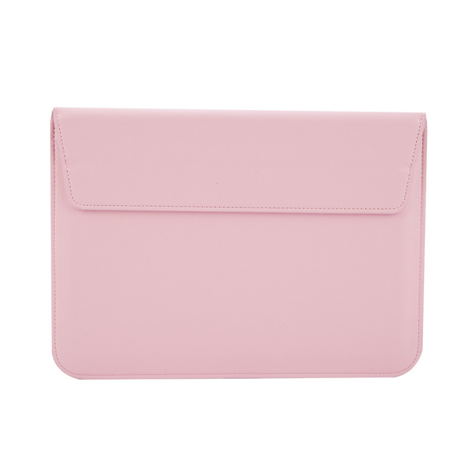 Eine rosa Laptop-Hülle, rechteckig mit Klappenverschluss. Der Hintergrund ist weiß.