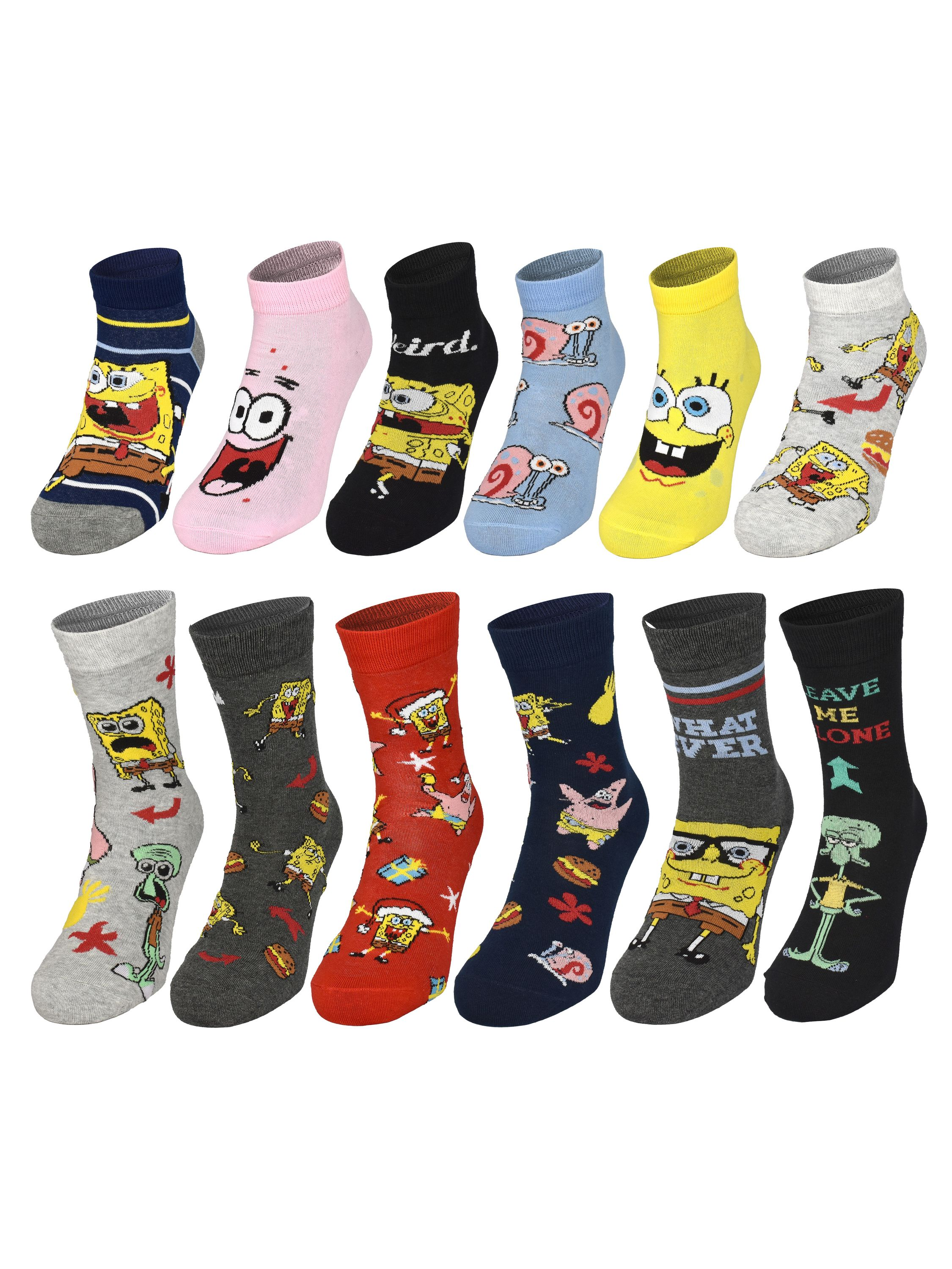 Sammlung bunter Socken mit verschiedenen SpongeBob Schwammkopf-Designs, einschließlich Figuren und Elementen.