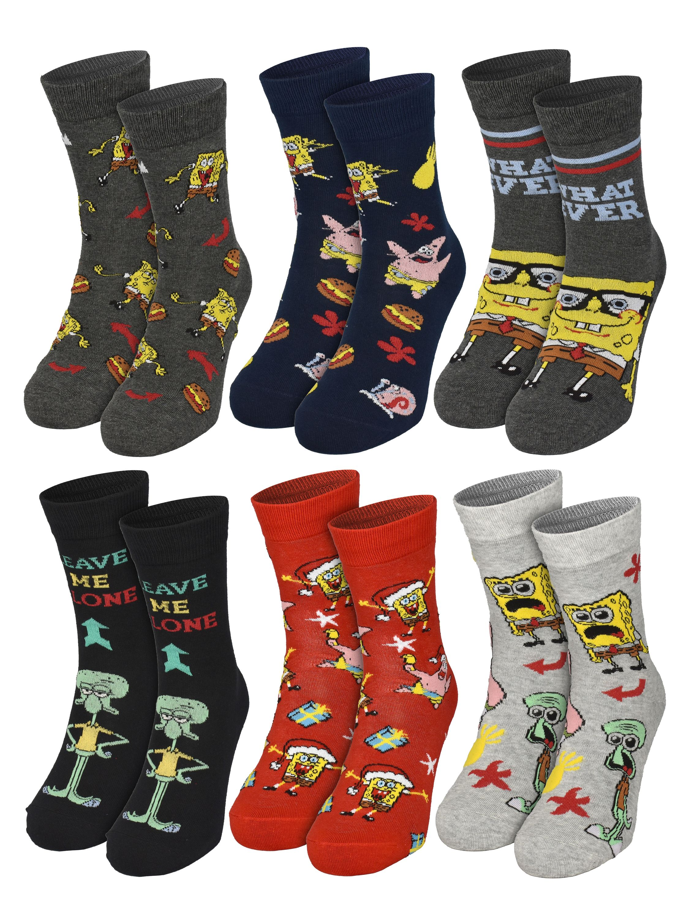 Eine Sammlung von Socken mit Spongebob Schwammkopf-Charakteren. Sie haben verschiedene Farben, Designs und Charaktere wie Thaddäus und Patrick.