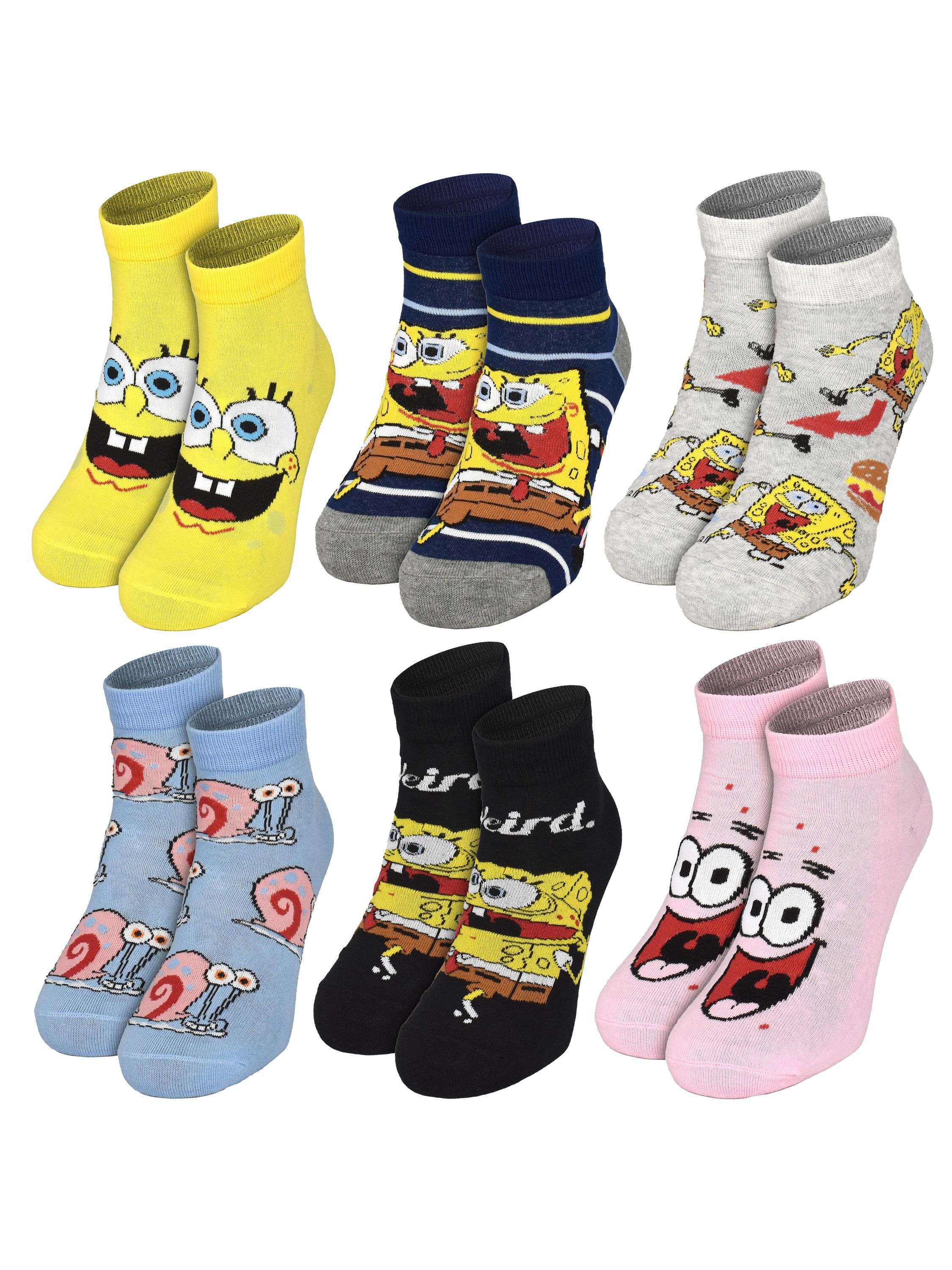Sockenkollektion mit Cartoonfiguren. Socken haben verschiedene Designs, darunter SpongeBob, Gary und Patrick, jeweils mit eigenem Farbschema.