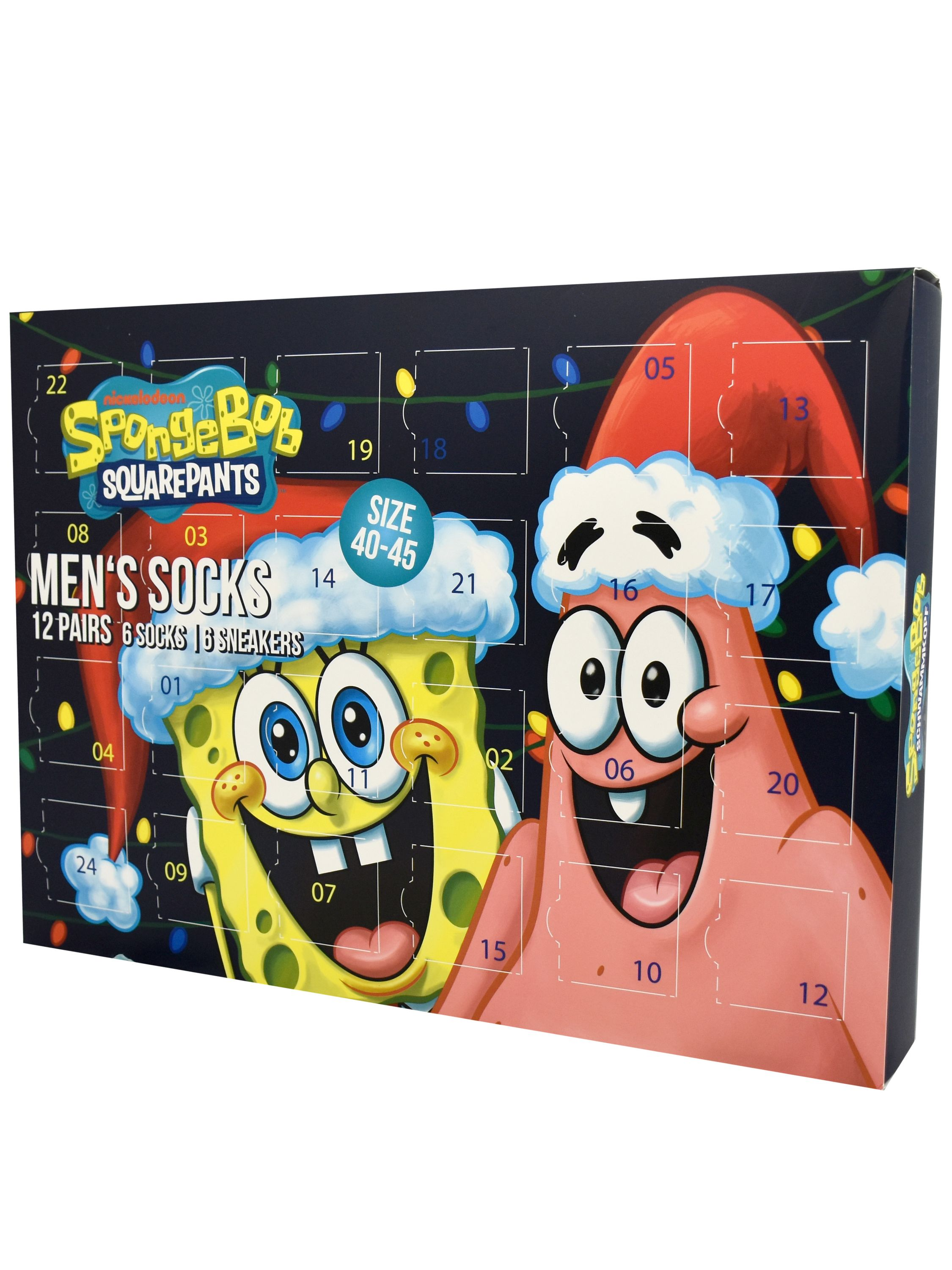 Adventskalender mit SpongeBob und Patrick. Er hat Zahlen und den Text 'Men's Socks'.