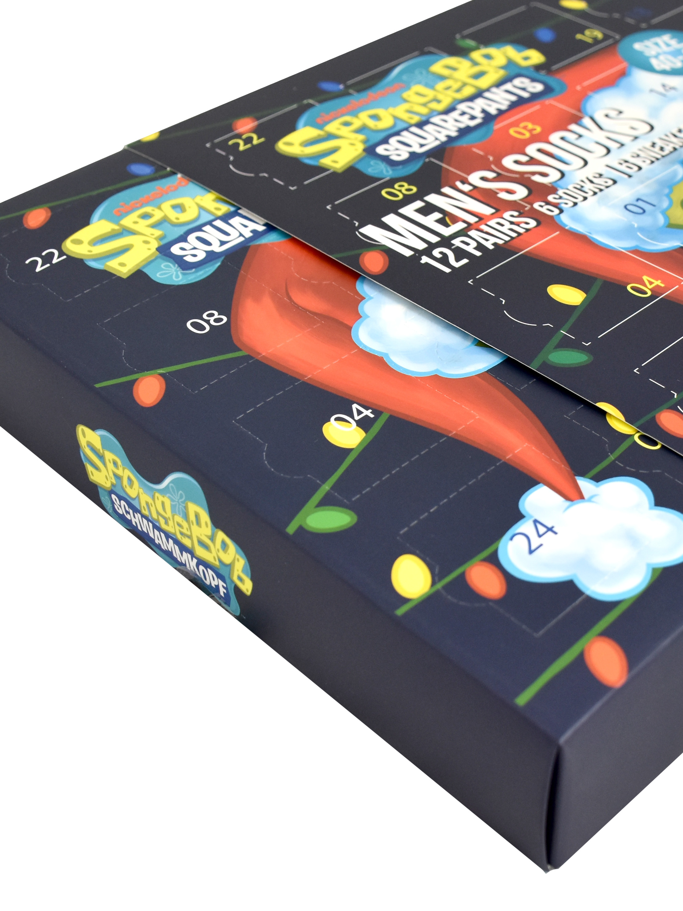 SpongeBob Schwammkopf Herrensockenbox. Sie hat Text und Illustrationen mit Zahlen und einen dunkelblauen Hintergrund.