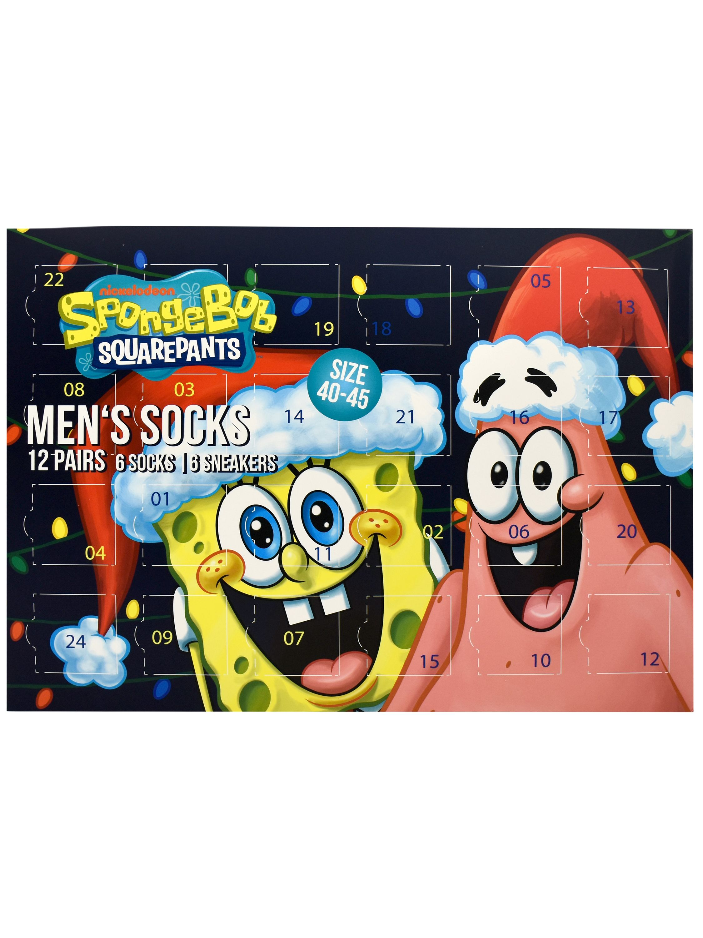 Ein Adventskalender mit Spongebob und Patrick. Er trägt die Aufschrift 'Herrensocken' und hat Zahlen von 01 bis 24.