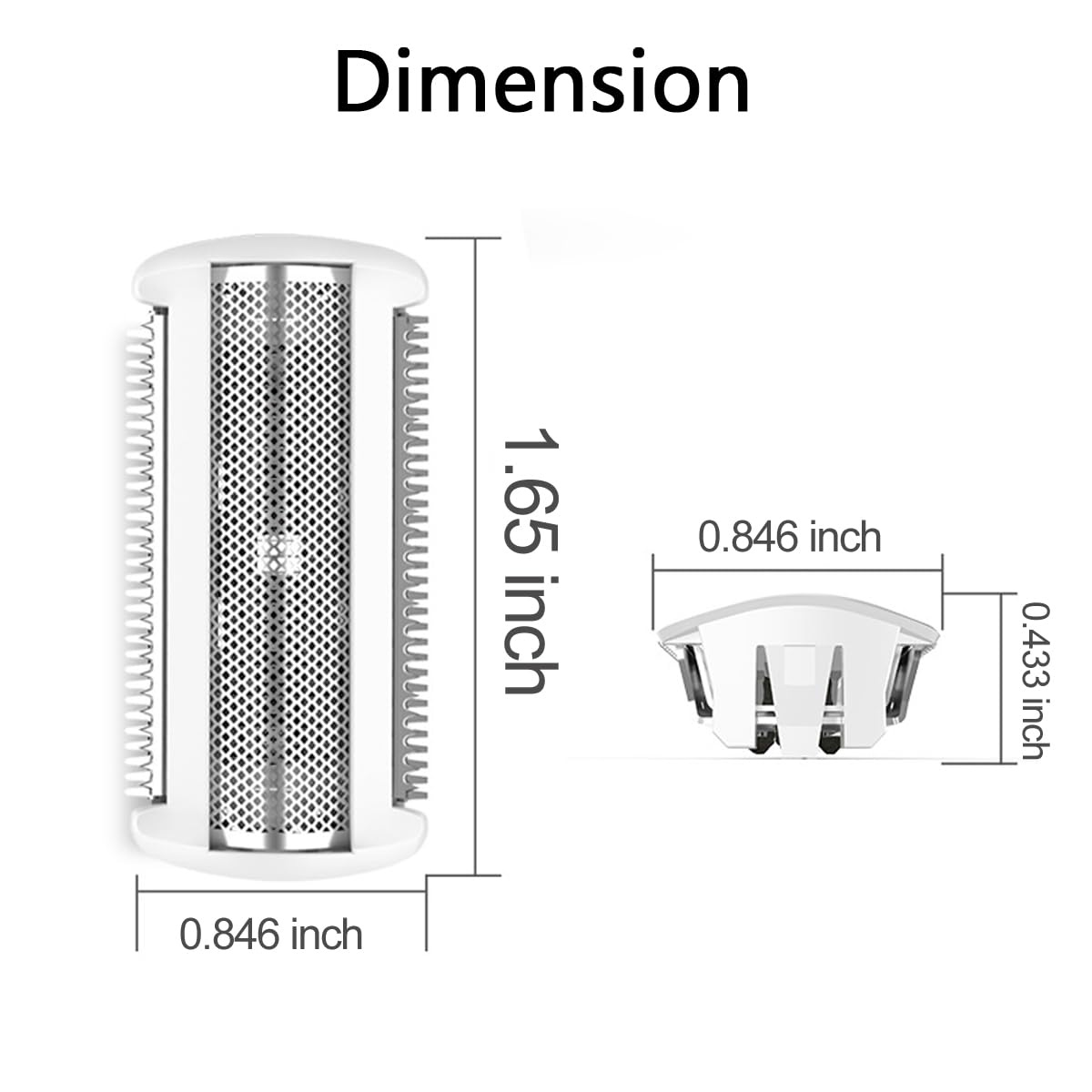 Diagramm mit einem Rasiererkopf und seinen Abmessungen: 1,65 Zoll hoch, 0,846 Zoll breit und eine Seitenansicht von 0,433 Zoll hoch.