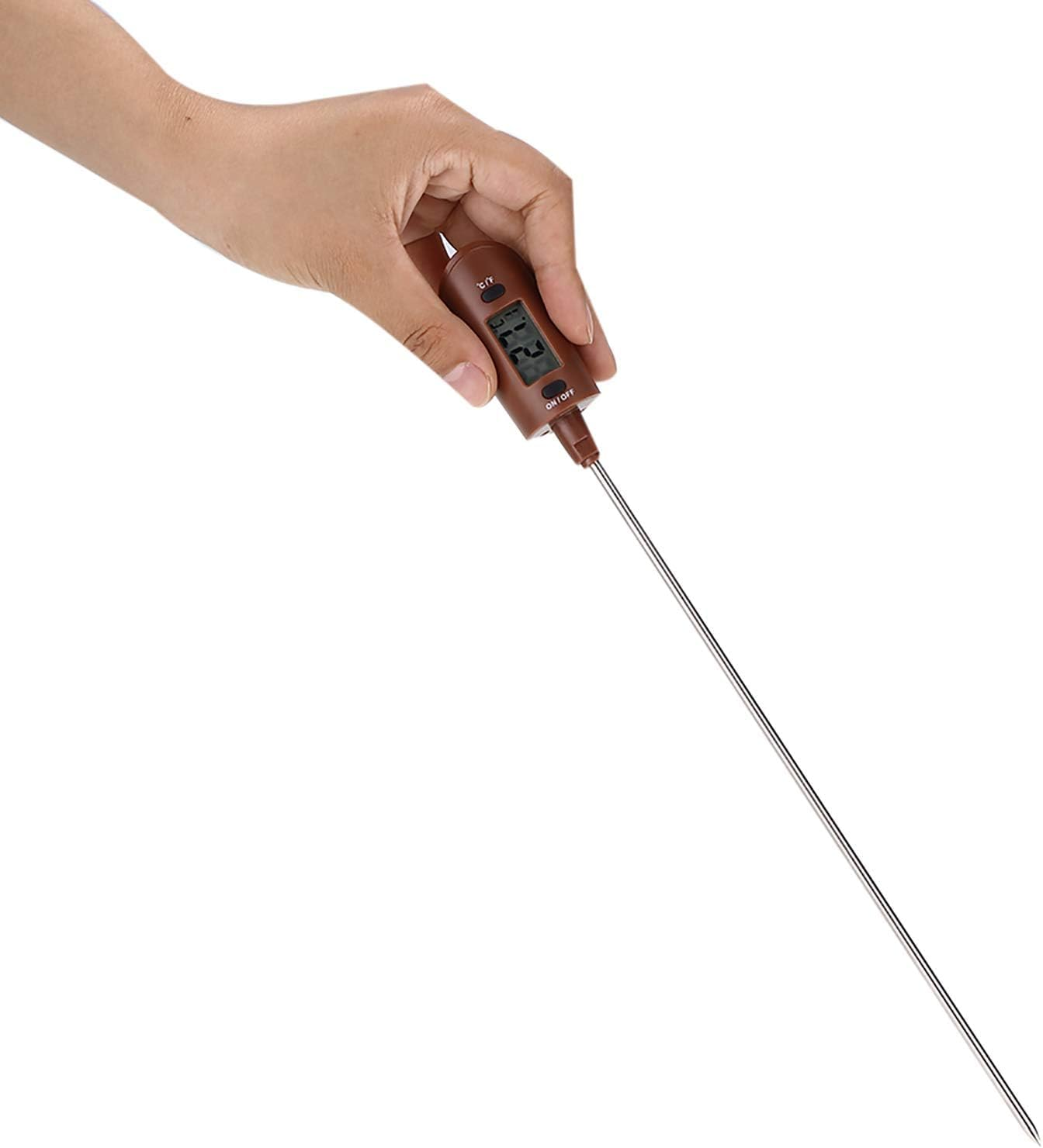 Eine Hand hält ein digitales Thermometer. Das Gerät zeigt eine Temperatur an. Die Sonde erstreckt sich nach unten. Der Hintergrund ist weiß.