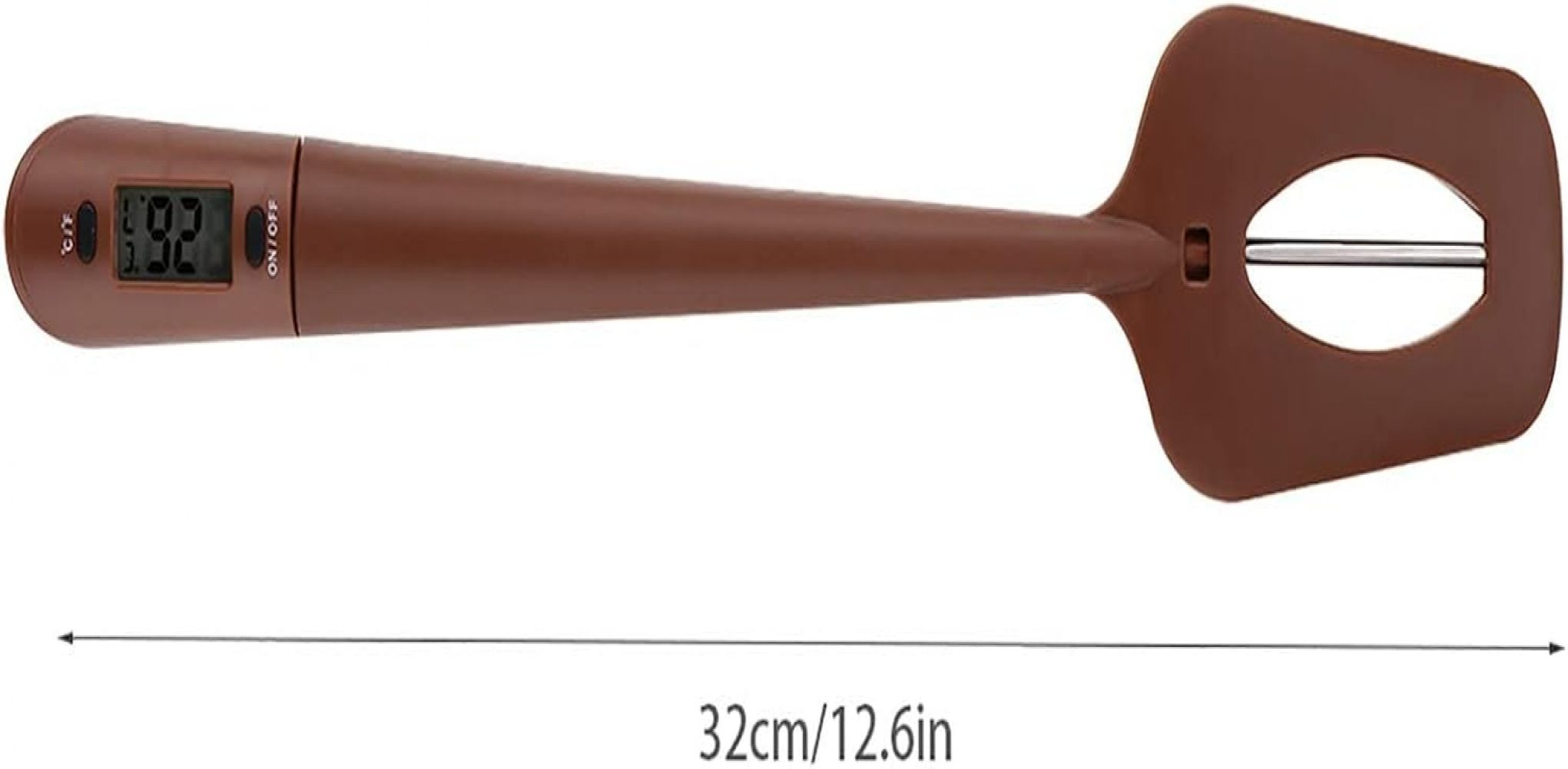 Brauner Küchenspatel mit Digitalanzeige. Er hat einen langen Griff, einen flachen Kopf mit Loch und misst 32 cm/12,6 Zoll.